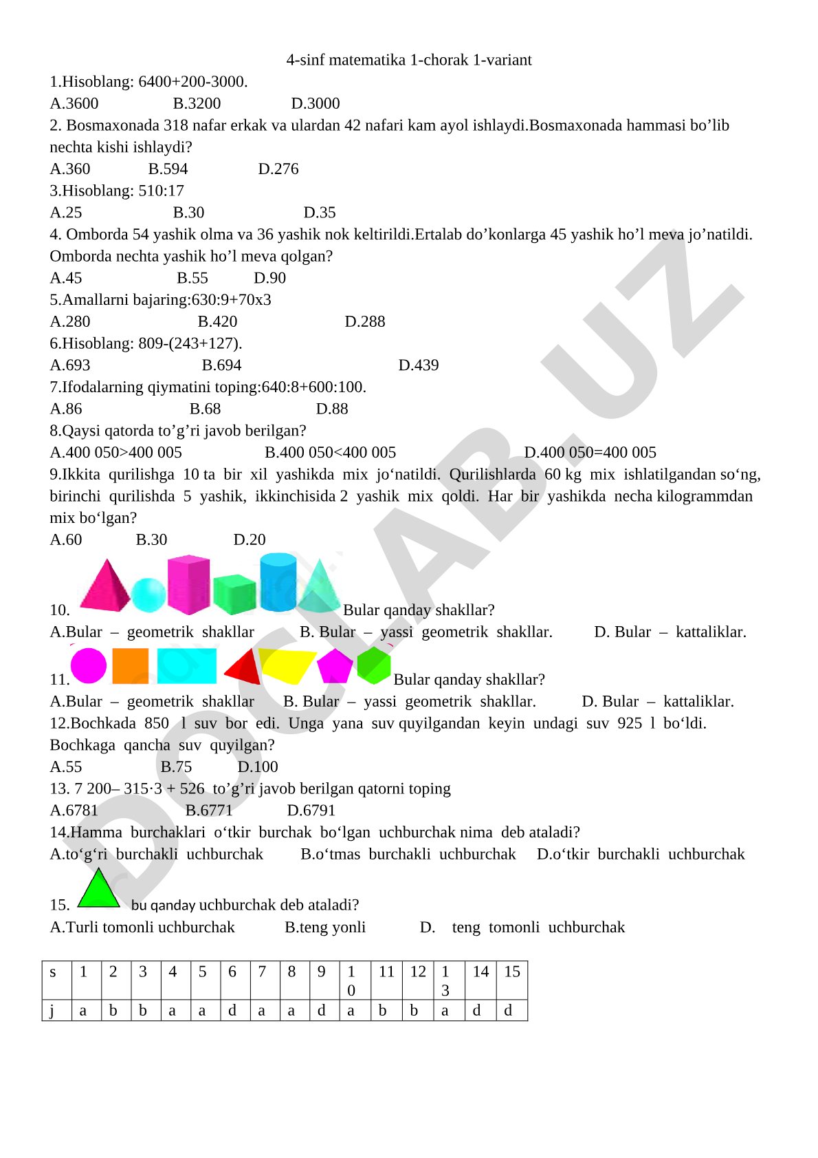 4-sinf matematika test varianti