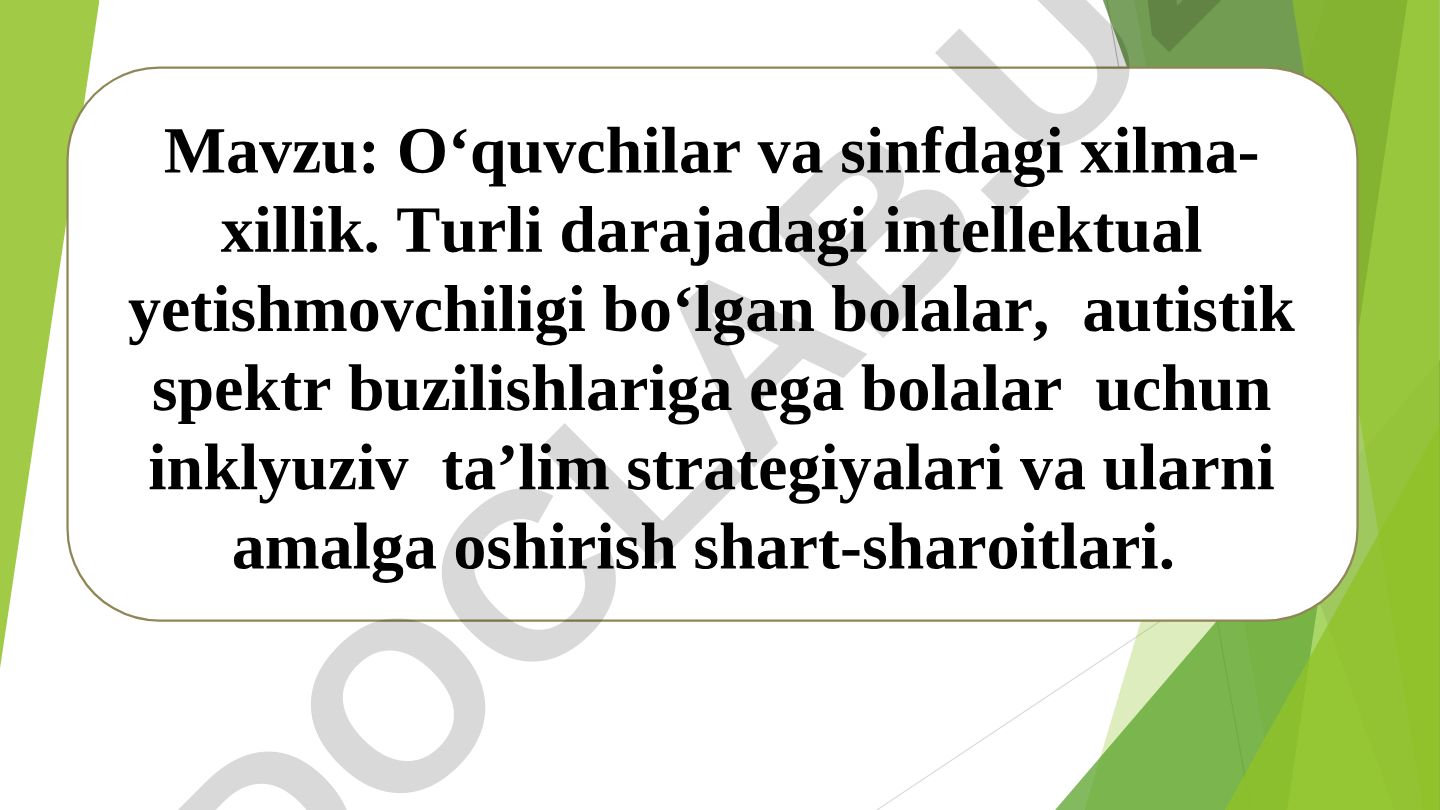 O‘quvchilar va sinfdagi xilma-xillik. Turli darajadagi intellektual yetishmovchiligi bo‘lgan bolalar, autistik spektr buzilishlariga ega bolalar uchun inklyuziv ta’lim strategiyalari va ularni amalga oshirish shart-sharoitlari