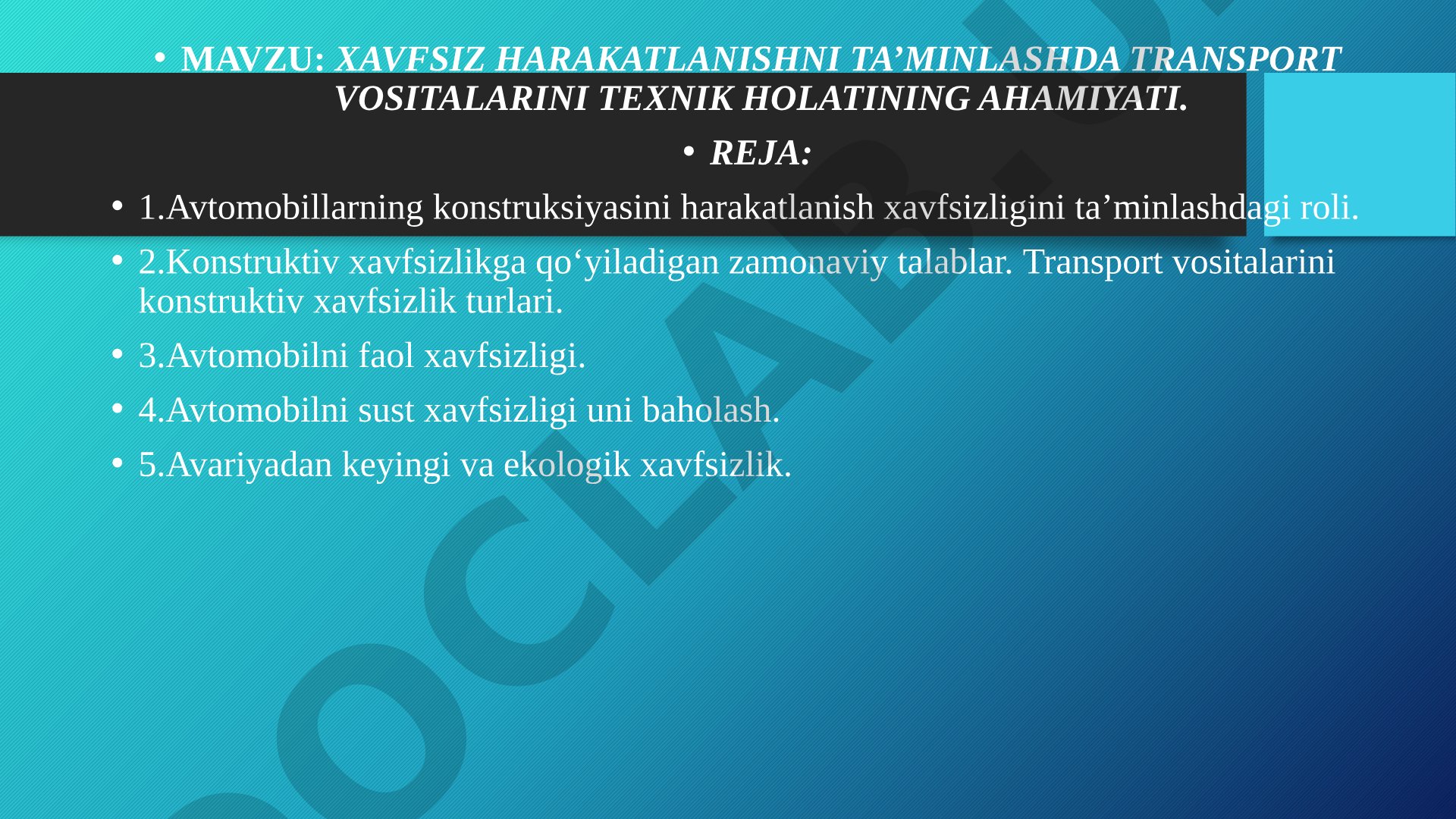 Transport vositalari texnik holati taqdimoti