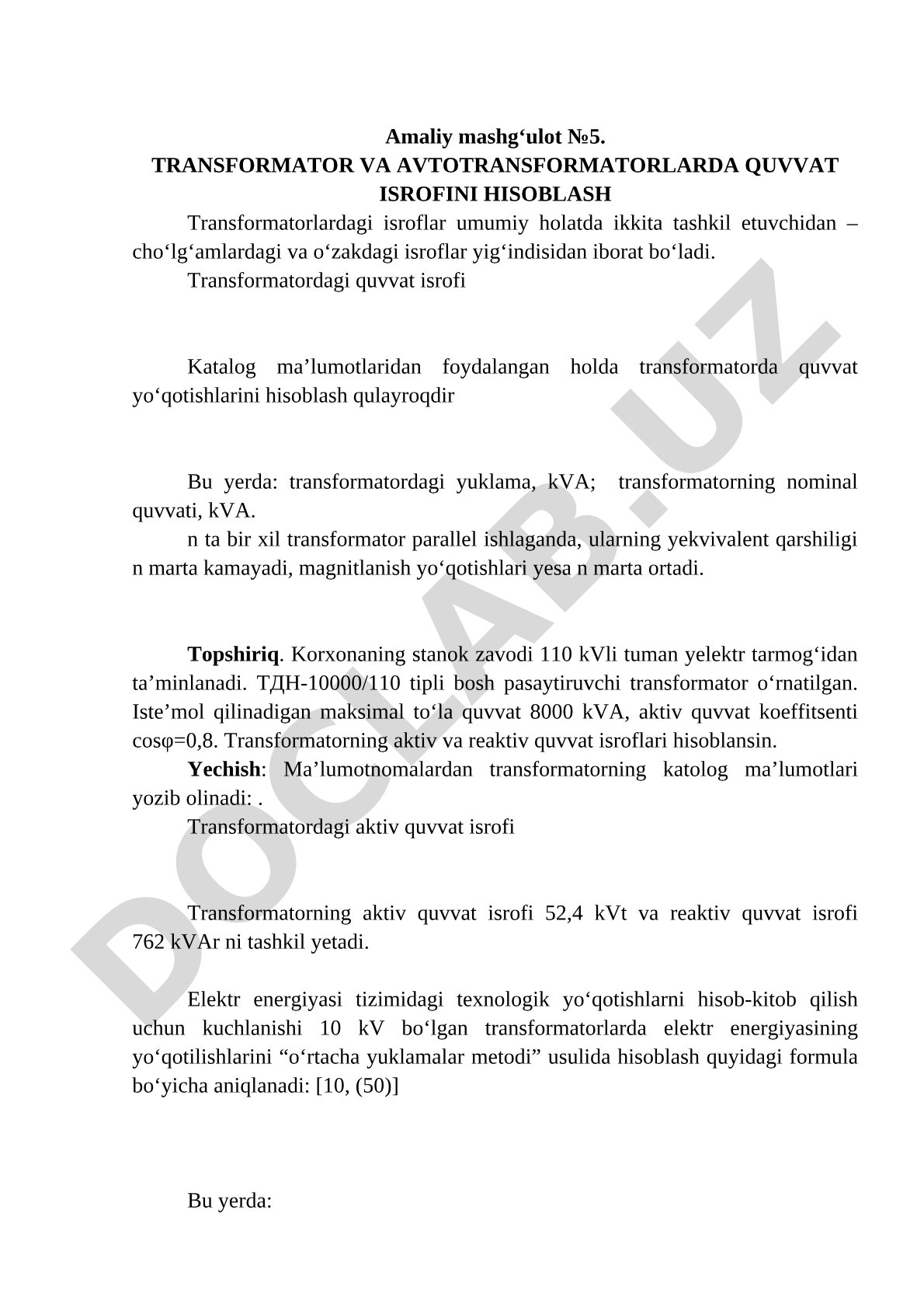 Transformator va avtotransformatorlarda quvvat isrofini hisoblash