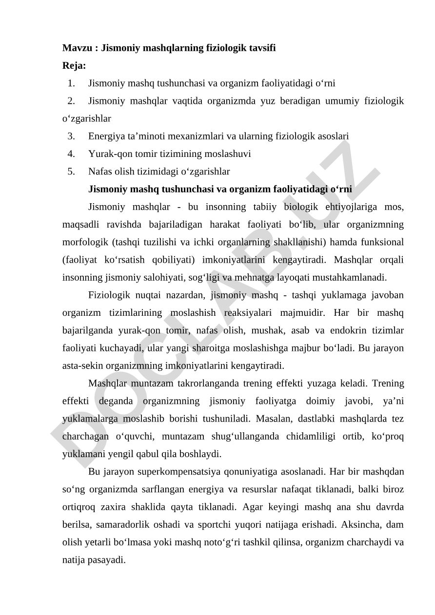 Jismoniy mashqlarning fiziologik tavsifi
