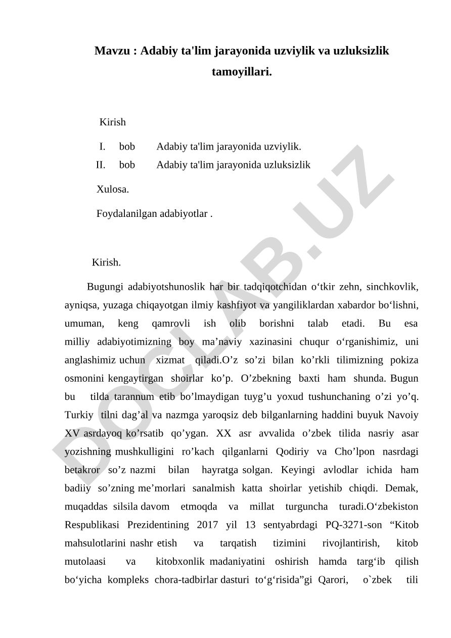 Adabiy ta'lim jarayonida uzviylik va uzluksizlik tamoyillari