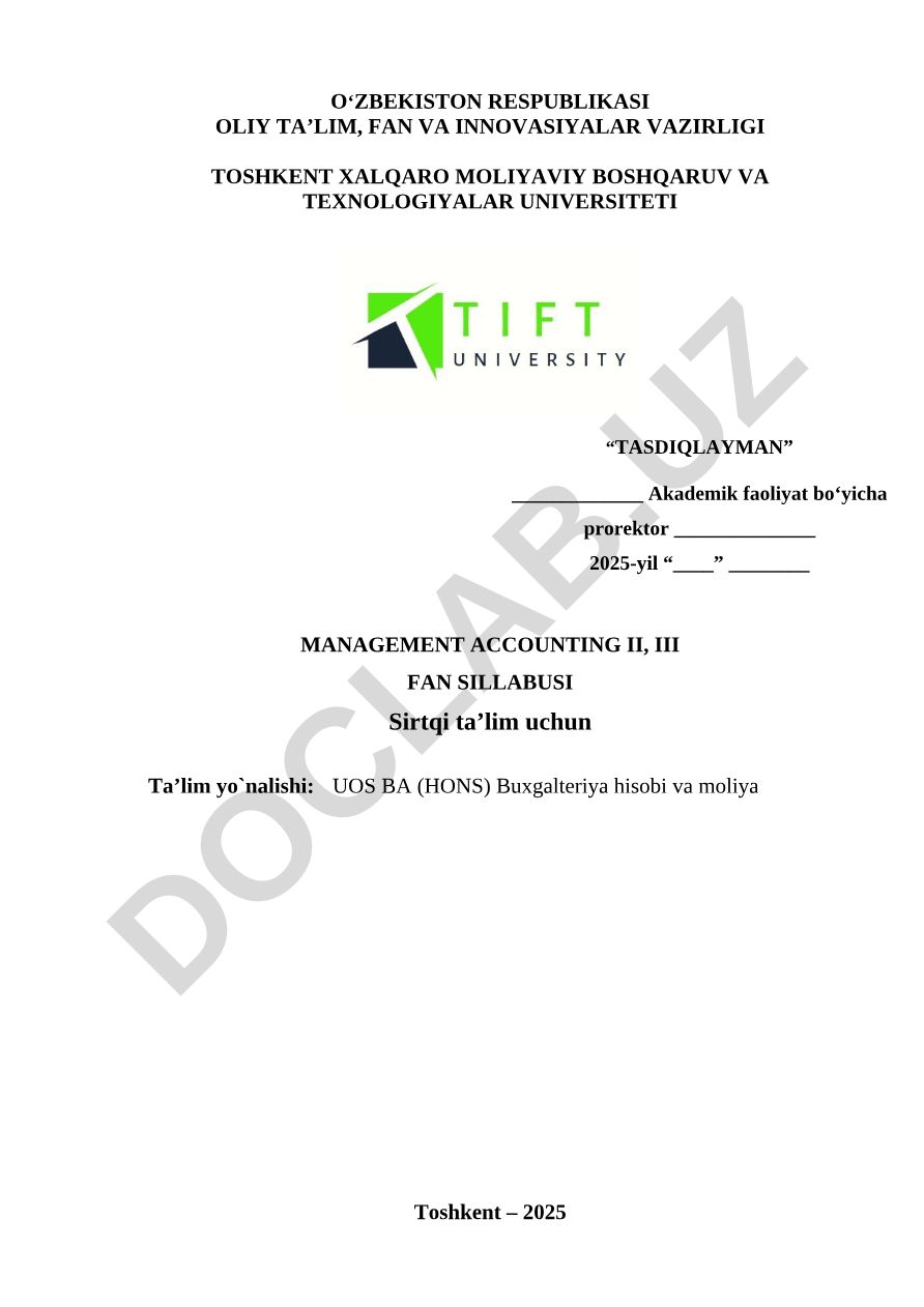 Management Accounting II, III fan sillabusi