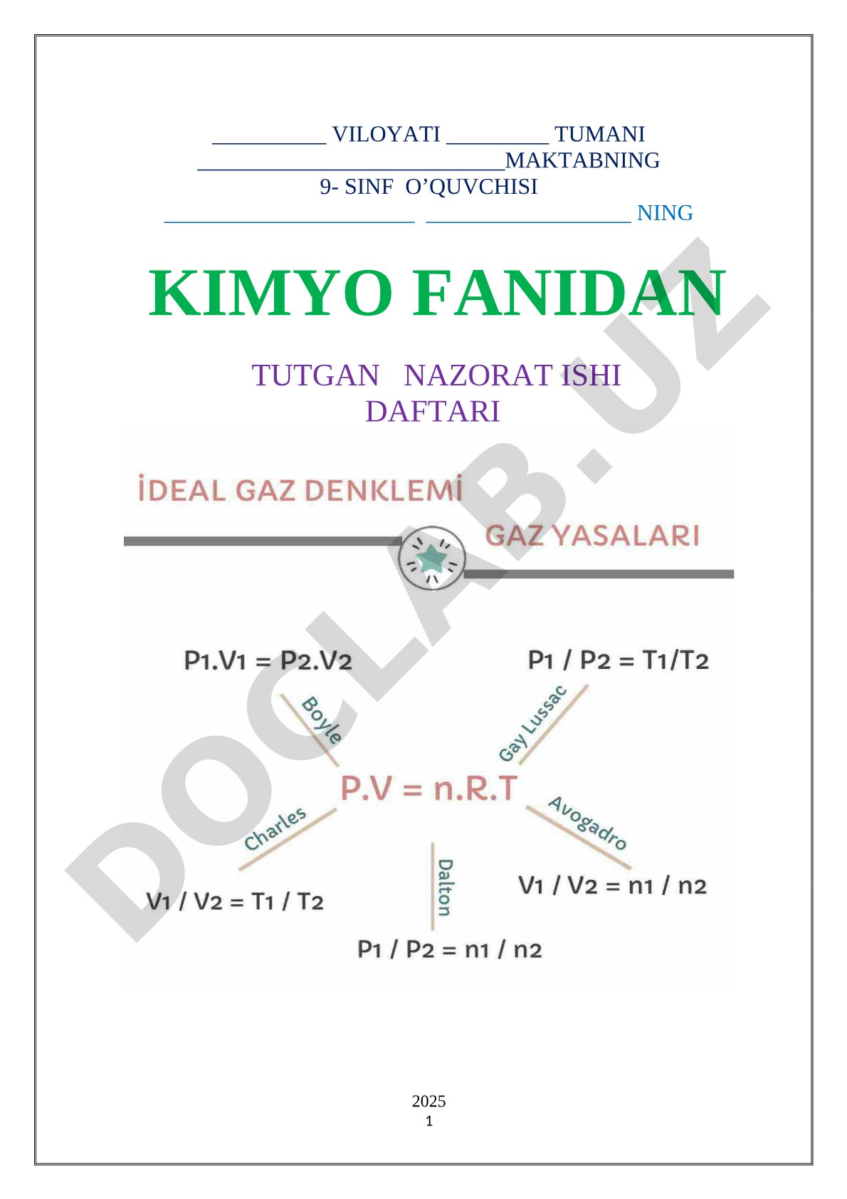 Kimyo fanidan nazorat ishi
