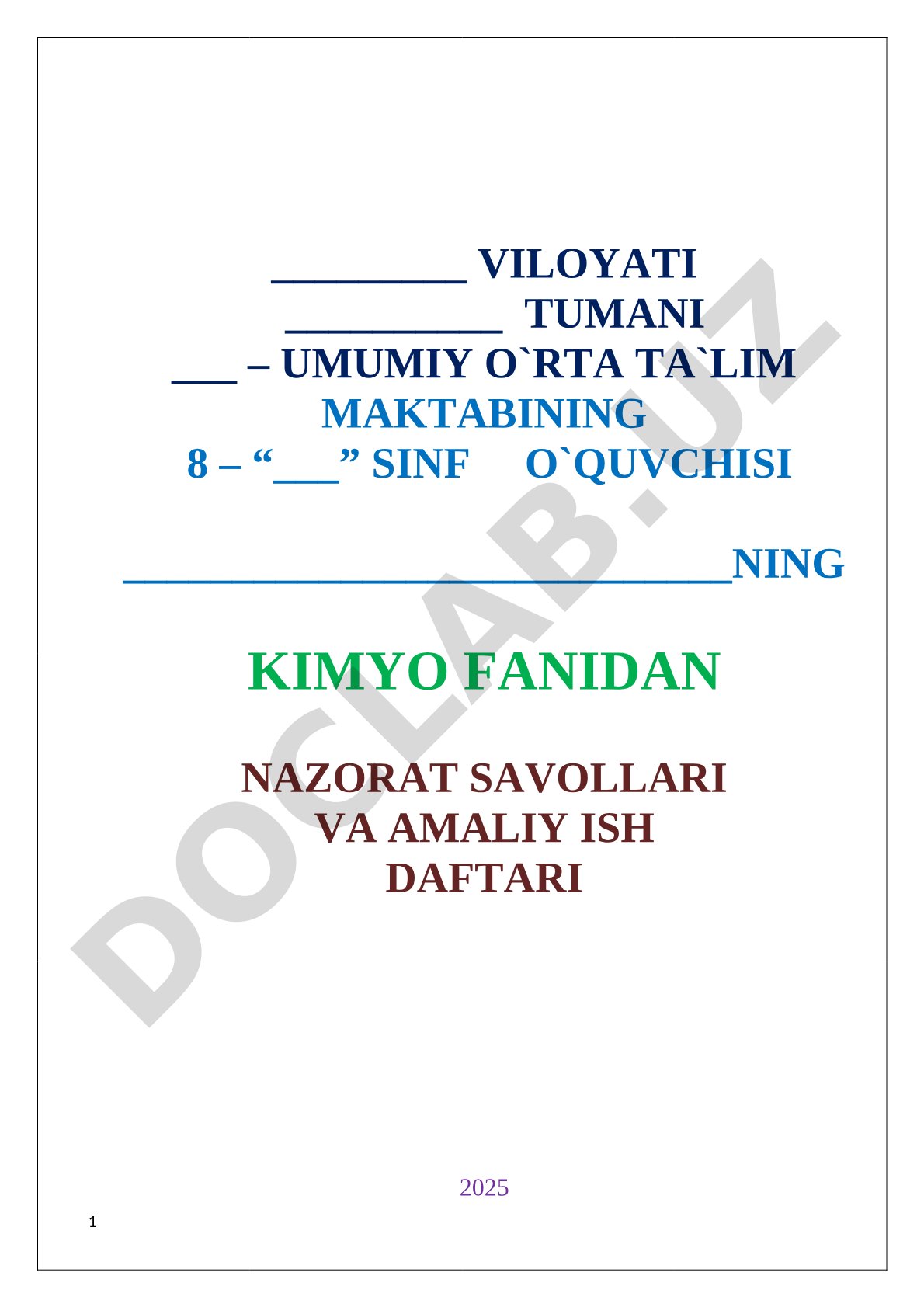 Kimyo fanidan nazorat savollari