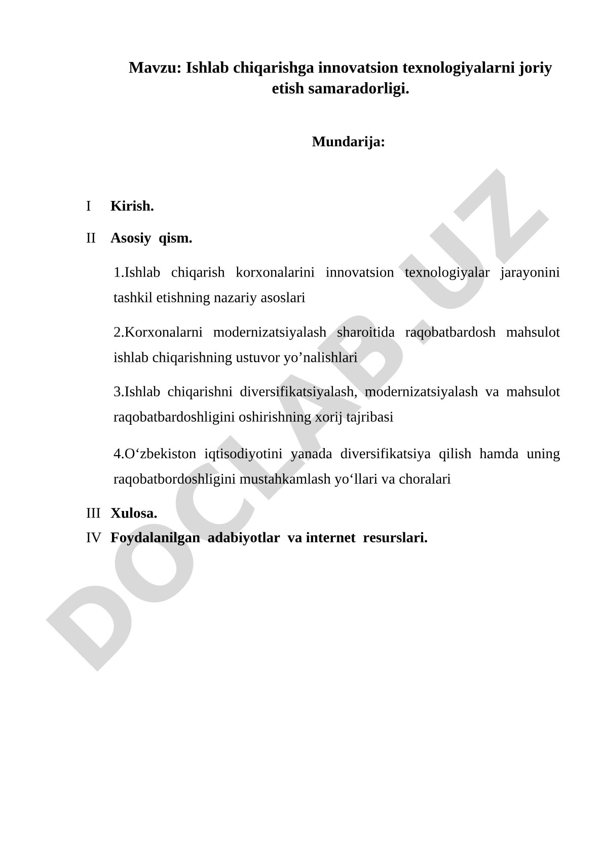 Ishlab chiqarishga innovatsion texnologiyalarni joriy etish samaradorligi