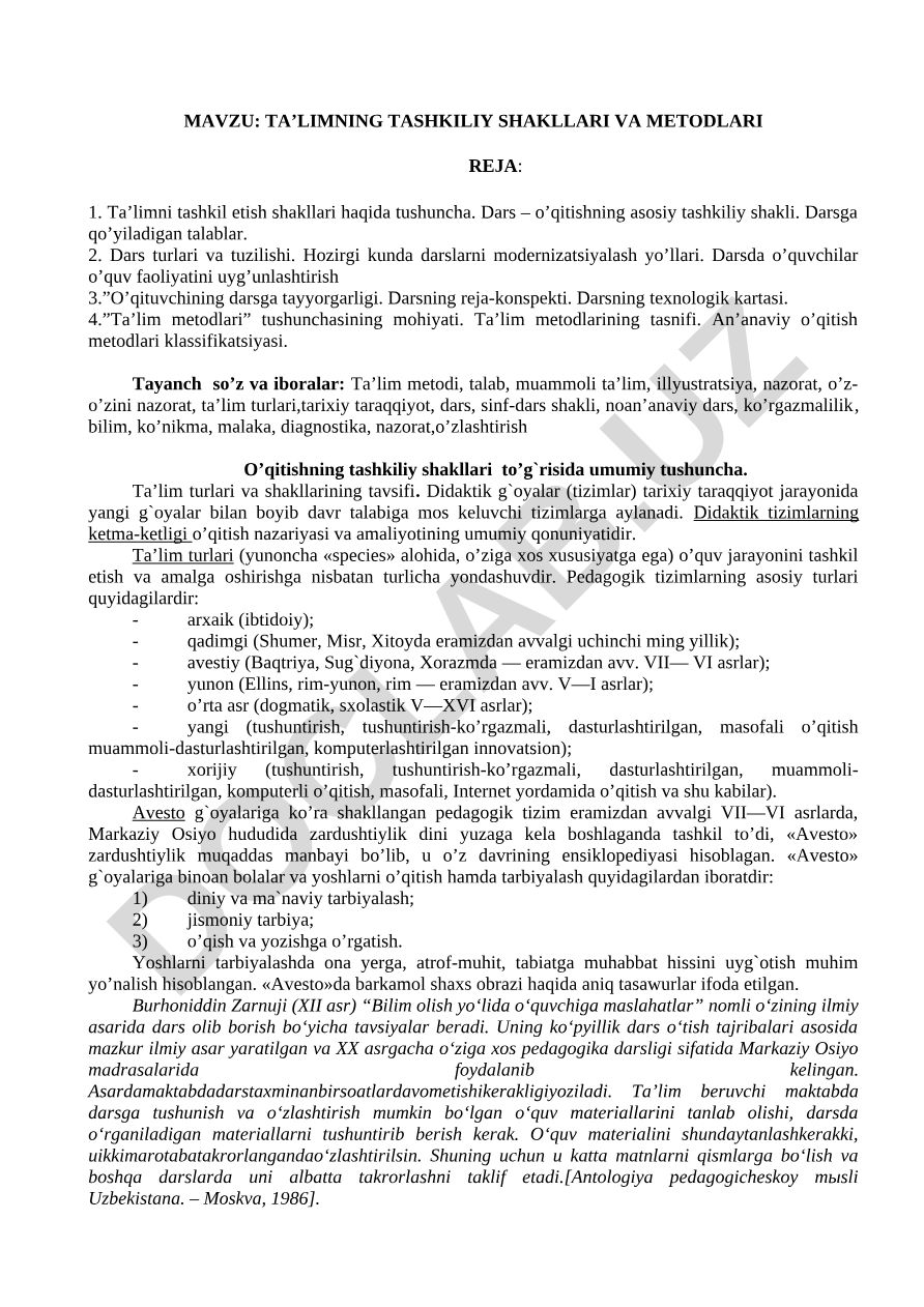 TA’LIMNING TASHKILIY SHAKLLARI VA METODLARI