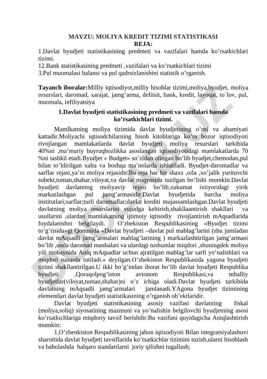 Moliya kredit tizimi statistikasi