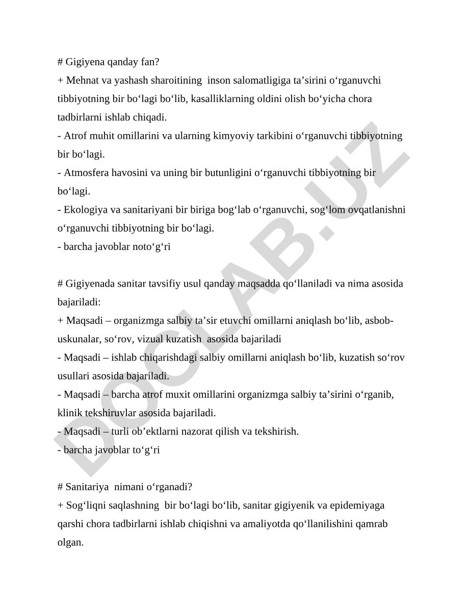 Gigiyena fanining asoslari va sanitariya tadqiqotlari