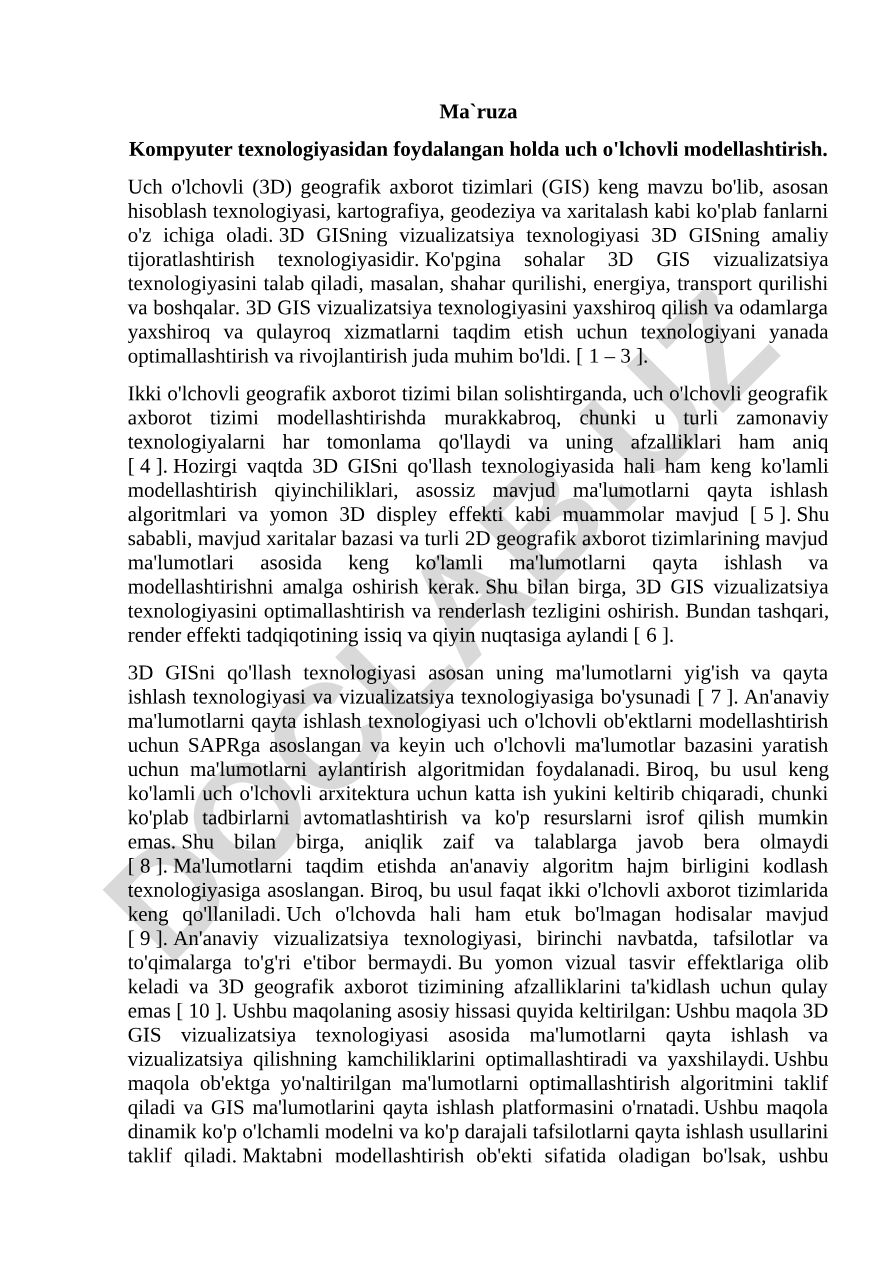 Kompyuter texnologiyasidan foydalangan holda uch o'lchovli modellashtirish