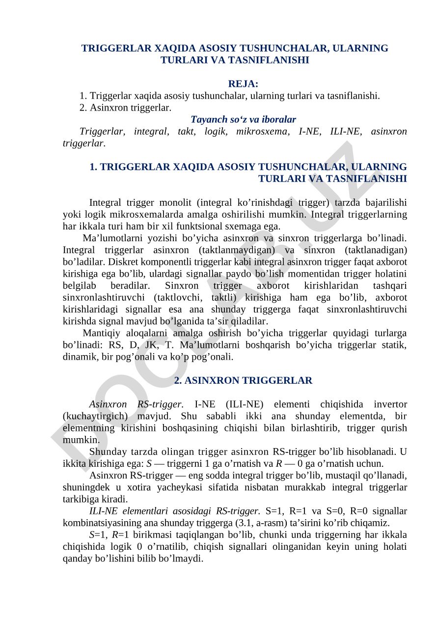 Triggerlar xaqida asosiy tushunchalar, ularning turlari va tasniflanishi