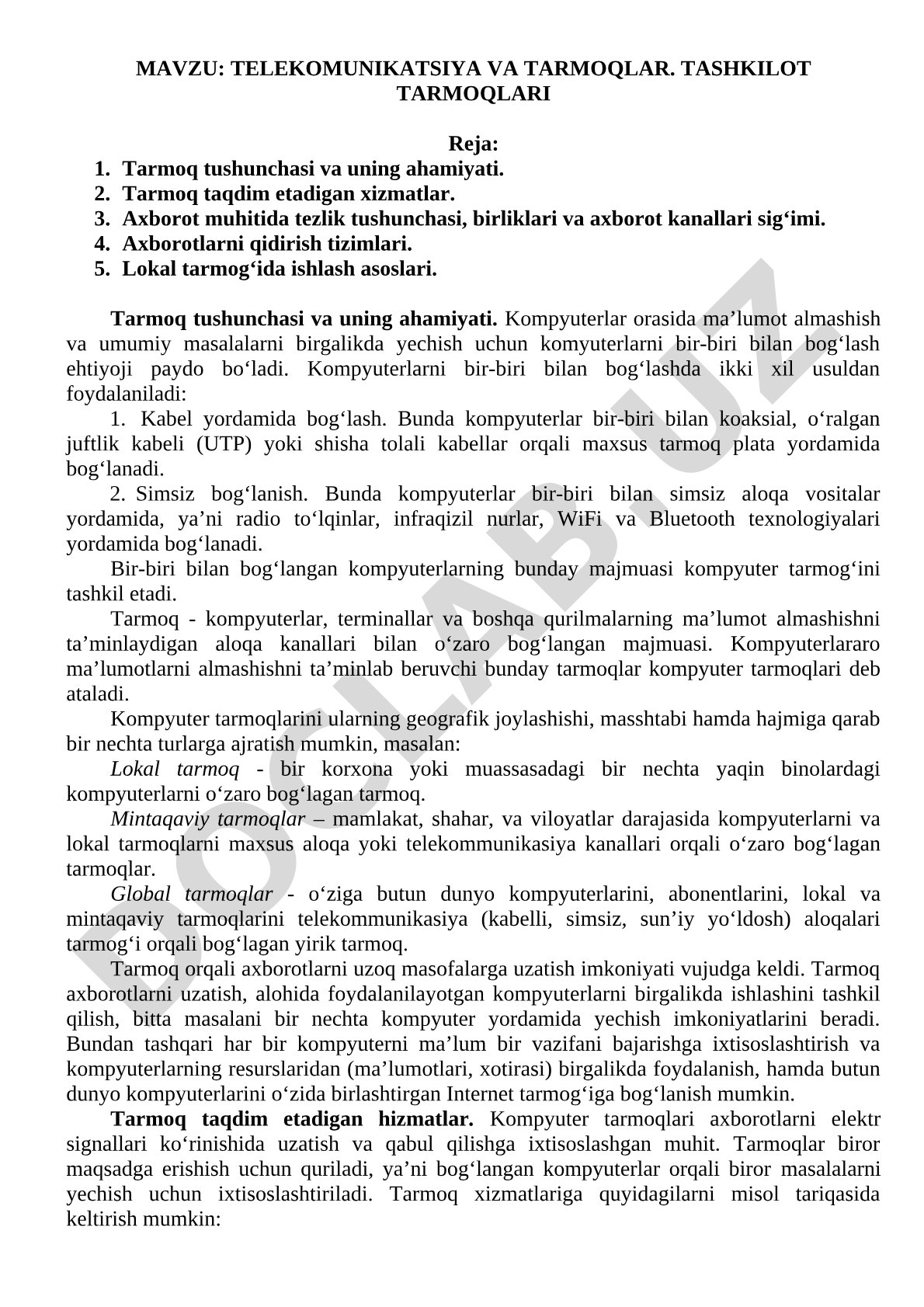 Telekommunikatsiya va tarmoqlar kurs ishi