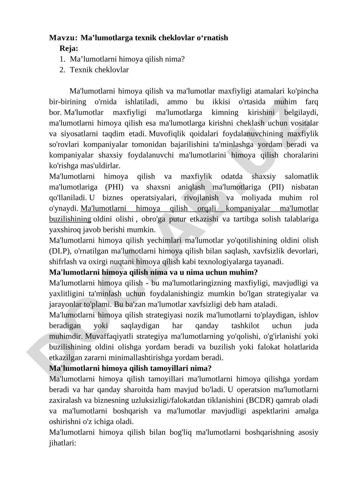 Ma'lumotlarni himoya qilish rejasi