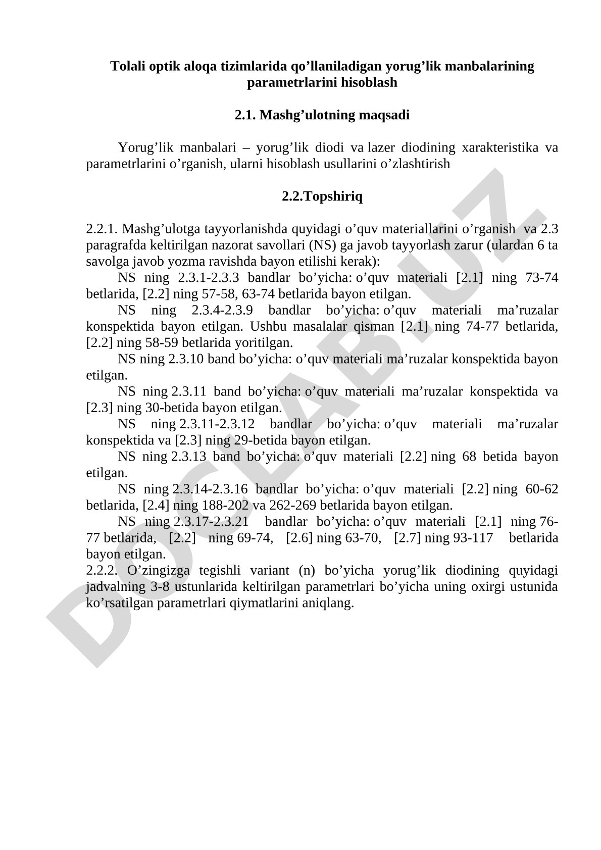 Tolali optik aloqa tizimlarida yorug'lik manbalarining parametrlarini hisoblash