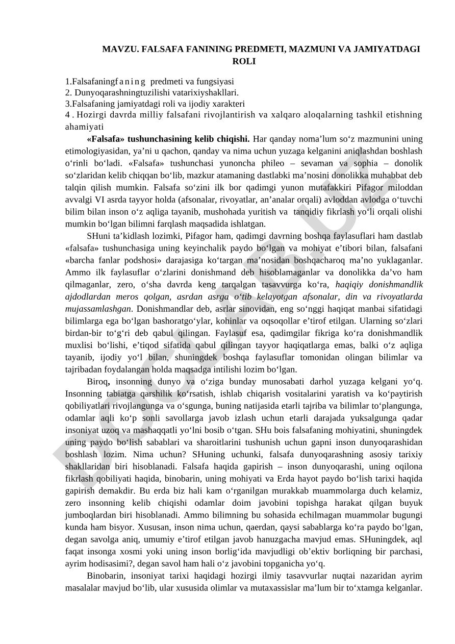 Falsafa fanining predmeti, mazmuni va jamiyatdagi roli