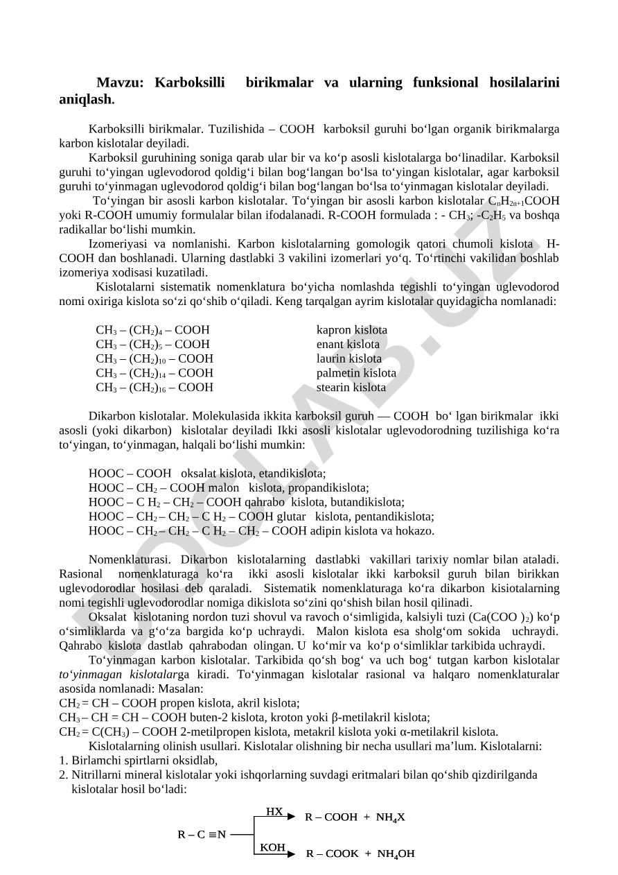 Karboksilli birikmalar va ularning funksional hosilalarini aniqlash