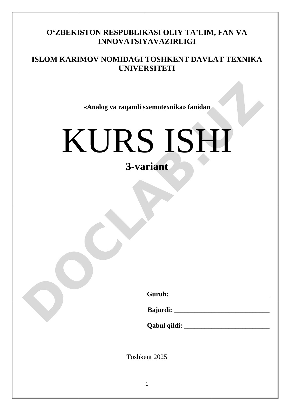Analog va raqamli sxemotexnika kurs ishi