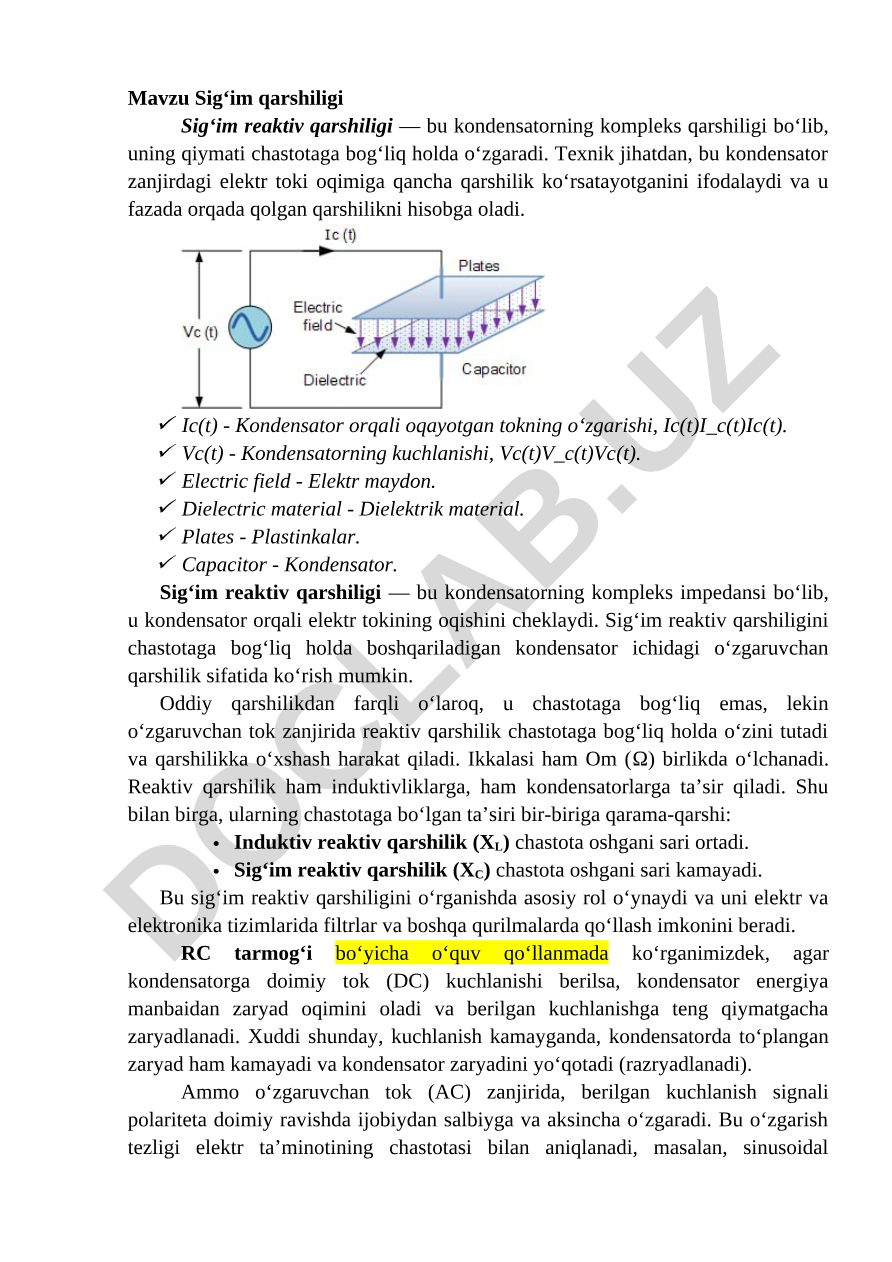 Sig‘im qarshiligi va Sig‘im reaktiv qarshiligi