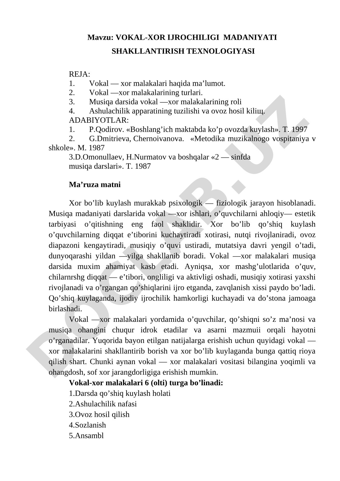 Vokal-xor ijrochiligi madaniyati shakllantirish texnologiyasi