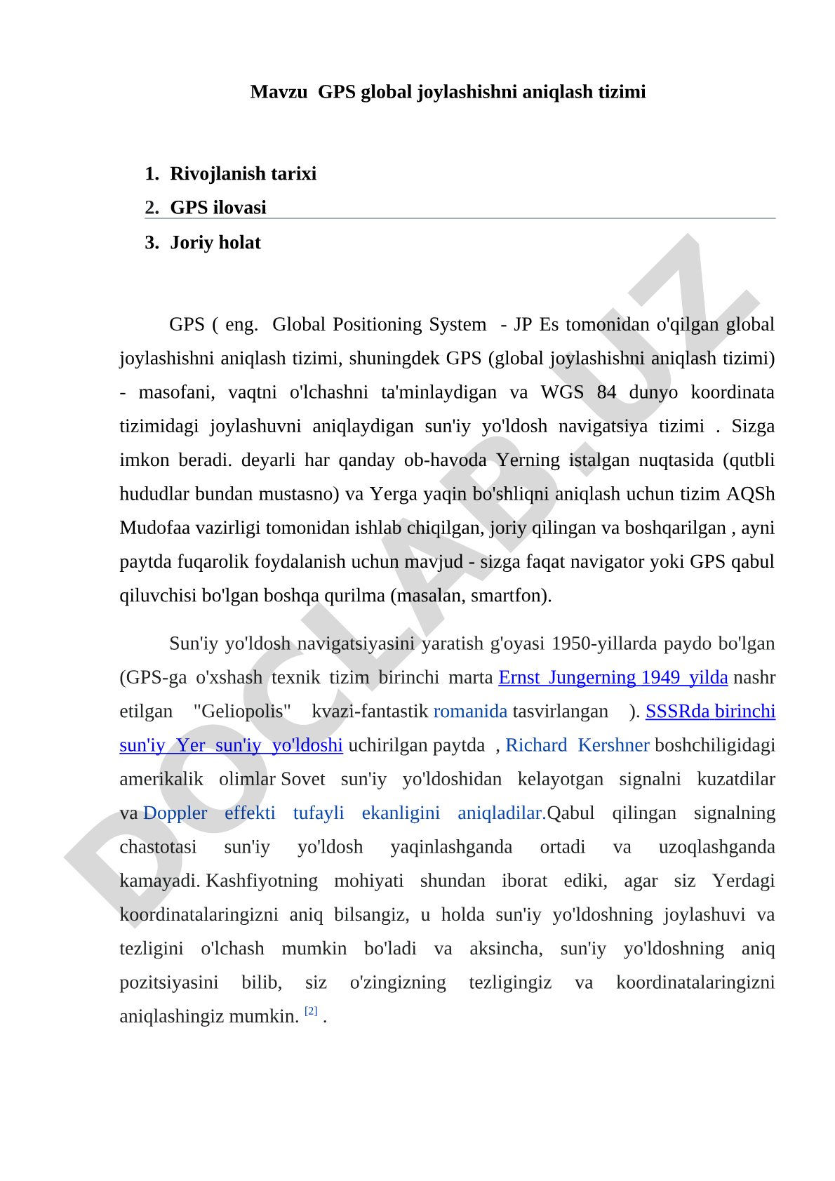 GPS global joylashishni aniqlash tizimi rivojlanish tarixi va joriy holati