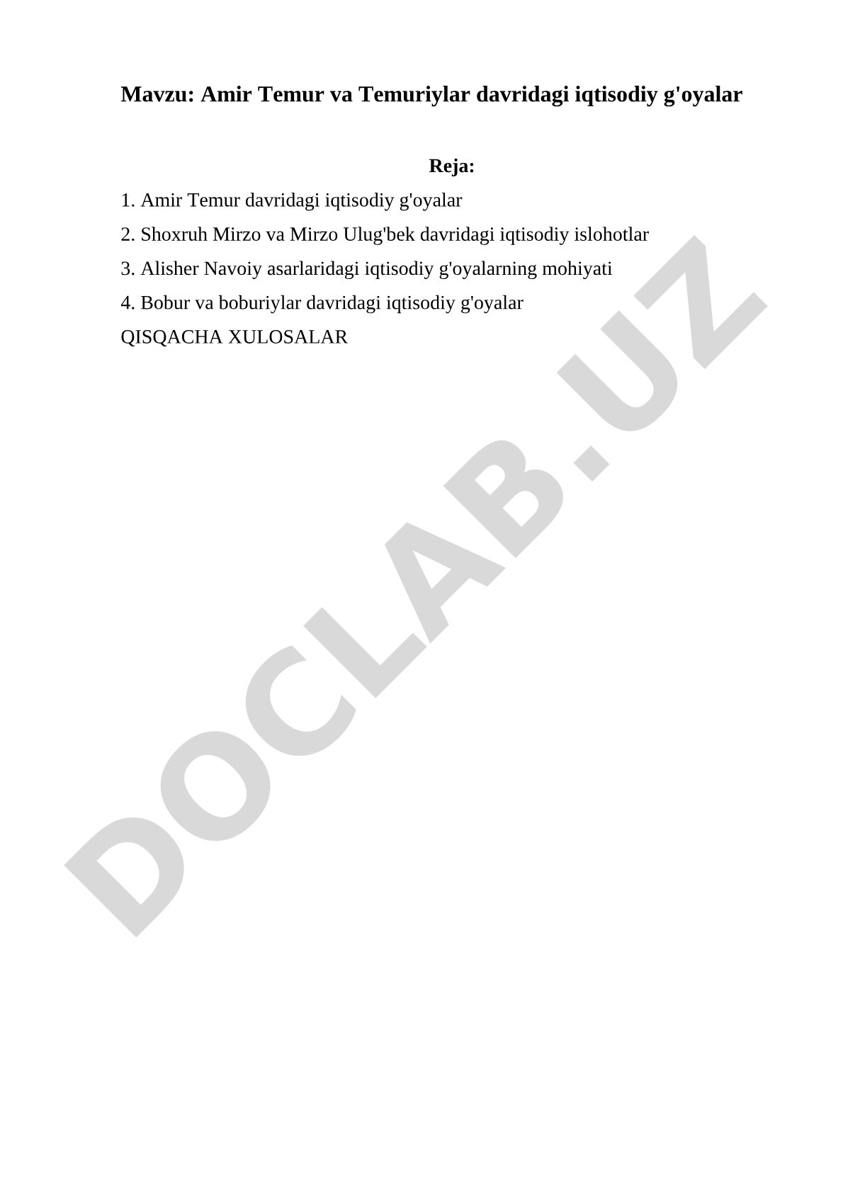 Amir Temur iqtisodiy g'oyalari kurs ishi