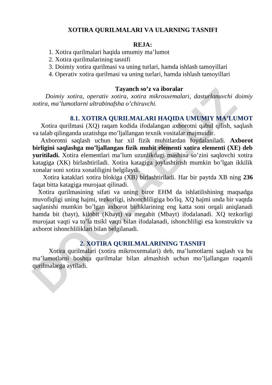 Xotira qurilmalari va ularning tasnifi