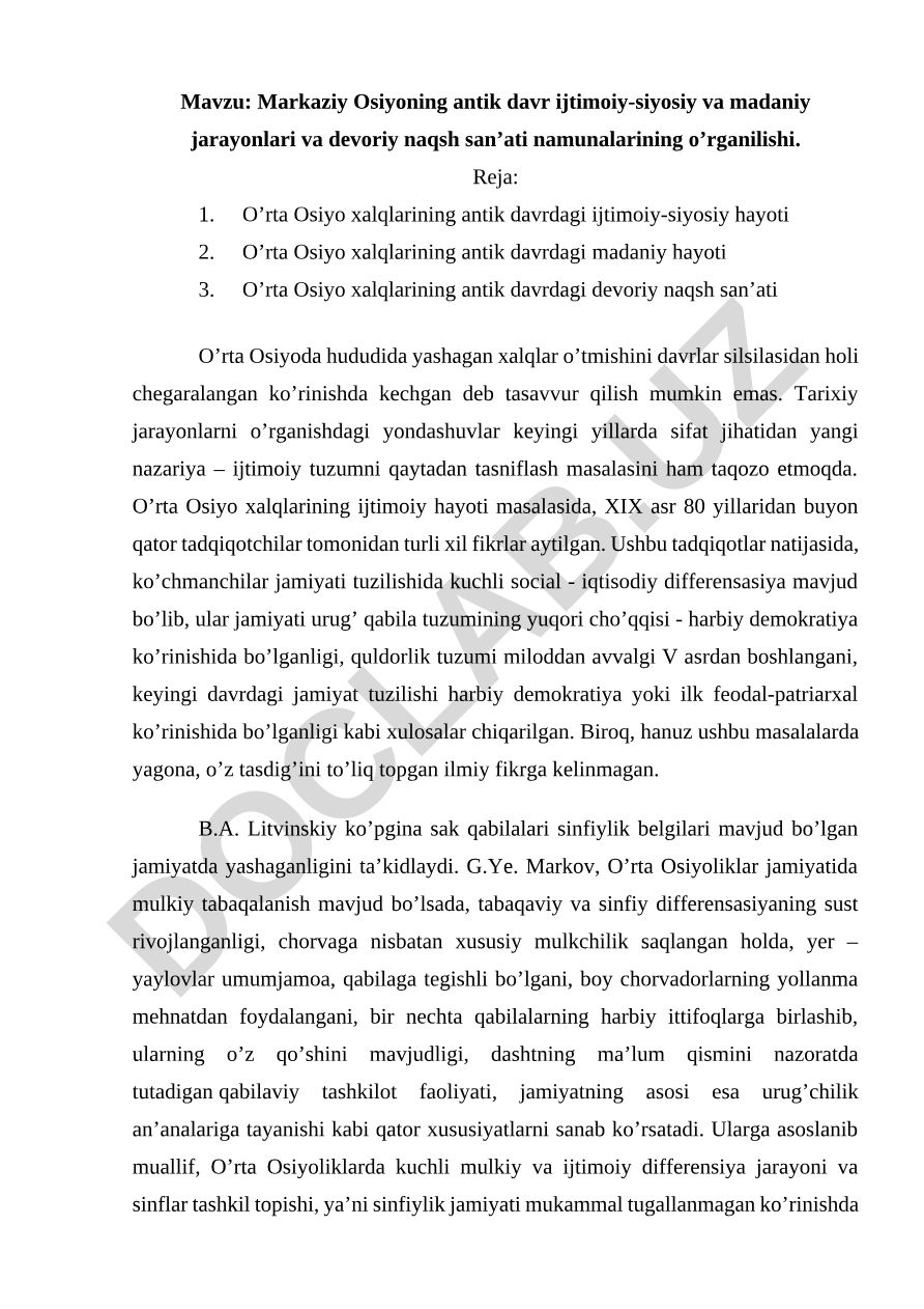 Markaziy Osiyoning antik davr ijtimoiy-siyosiy va madaniy jarayonlari va devoriy naqsh san’ati namunalarining o’rganilishi