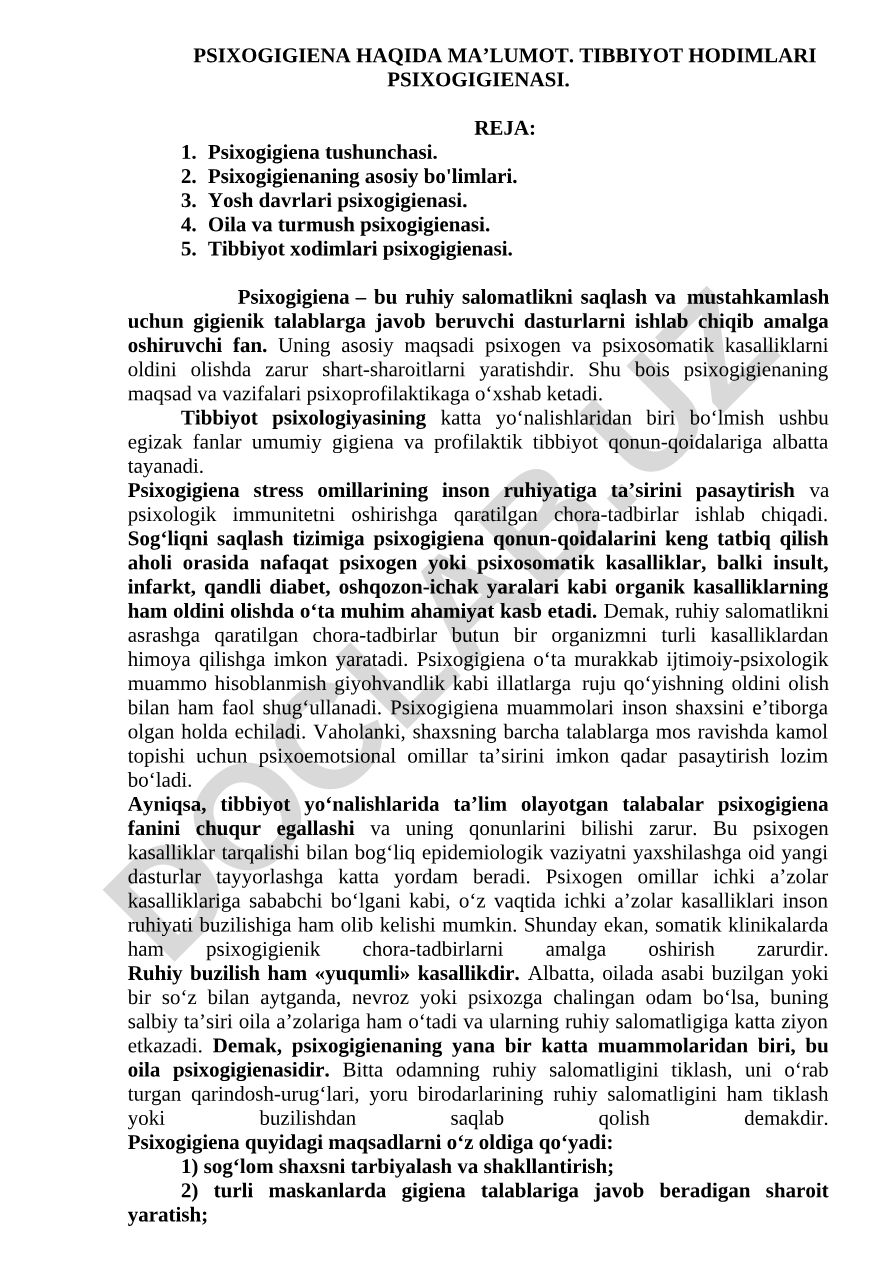 Psixogigiena haqida ma'lumot va tibbiyot hodimlari psixogigienasi