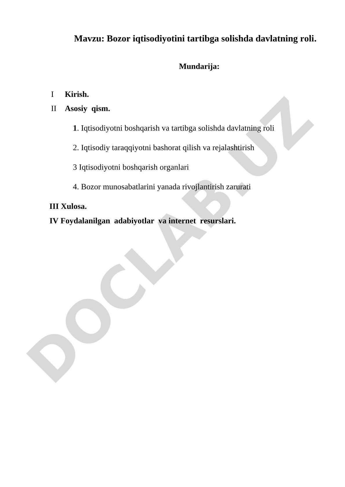 Bozor iqtisodiyotini tartibga solishda davlatning roli