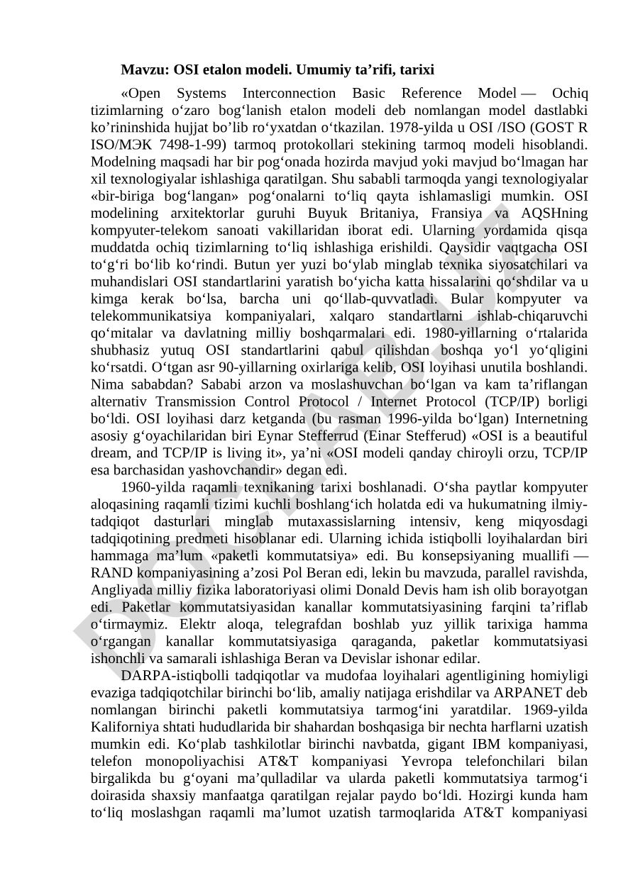 OSI etalon modeli. Umumiy ta’rifi, tarixi