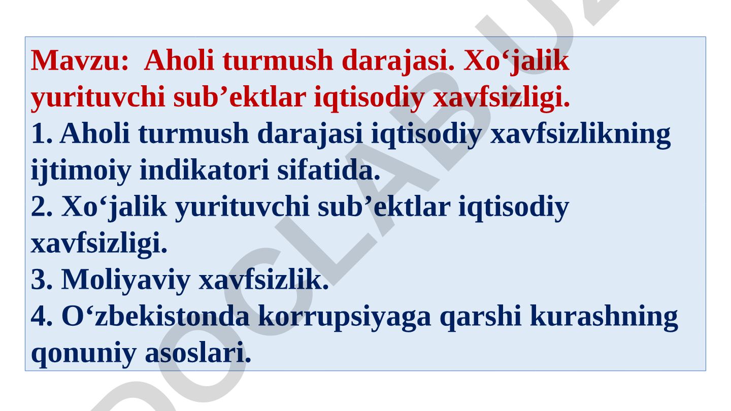 Aholi turmush darajasi va xoʻjalik yurituvchi sub’ektlar iqtisodiy xavfsizligi