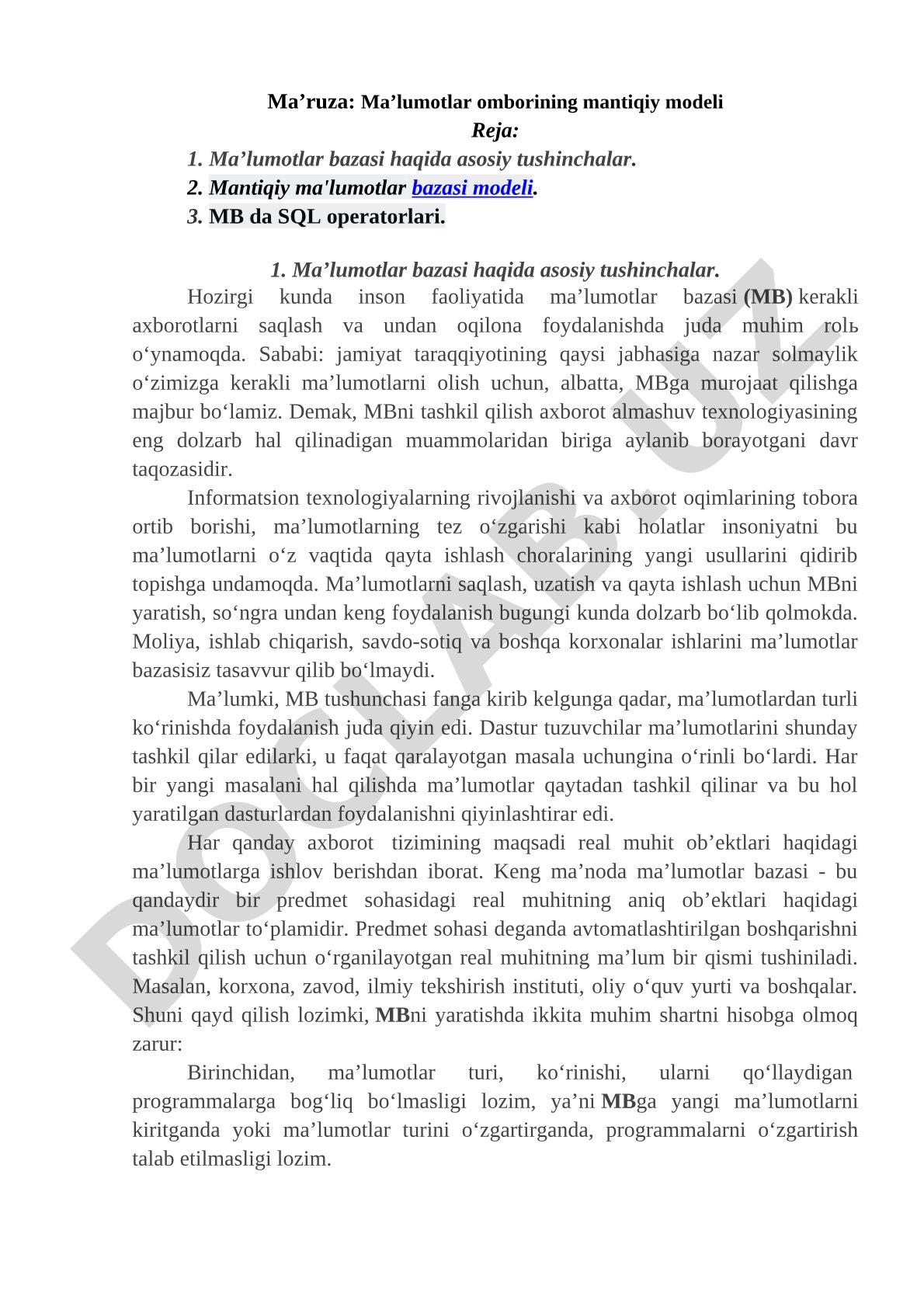 Ma’lumotlar ombori mantiqiy modeli ma’ruza