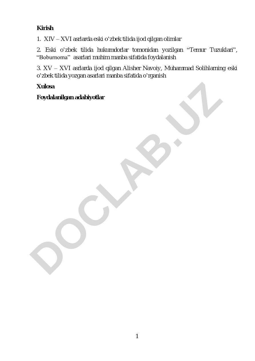 XIV–XVI asrlarda eski o'zbek tilidagi asarlar va ularning manba sifatida o'rganilishi