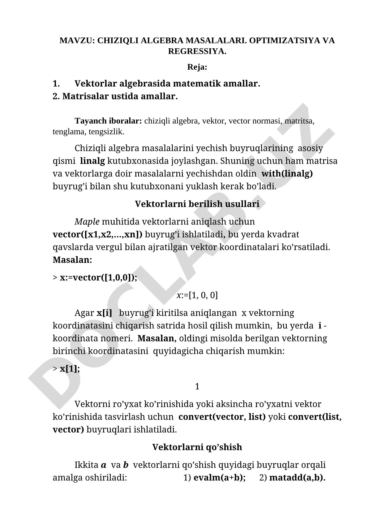 Chiziqli algebra kurs ishi