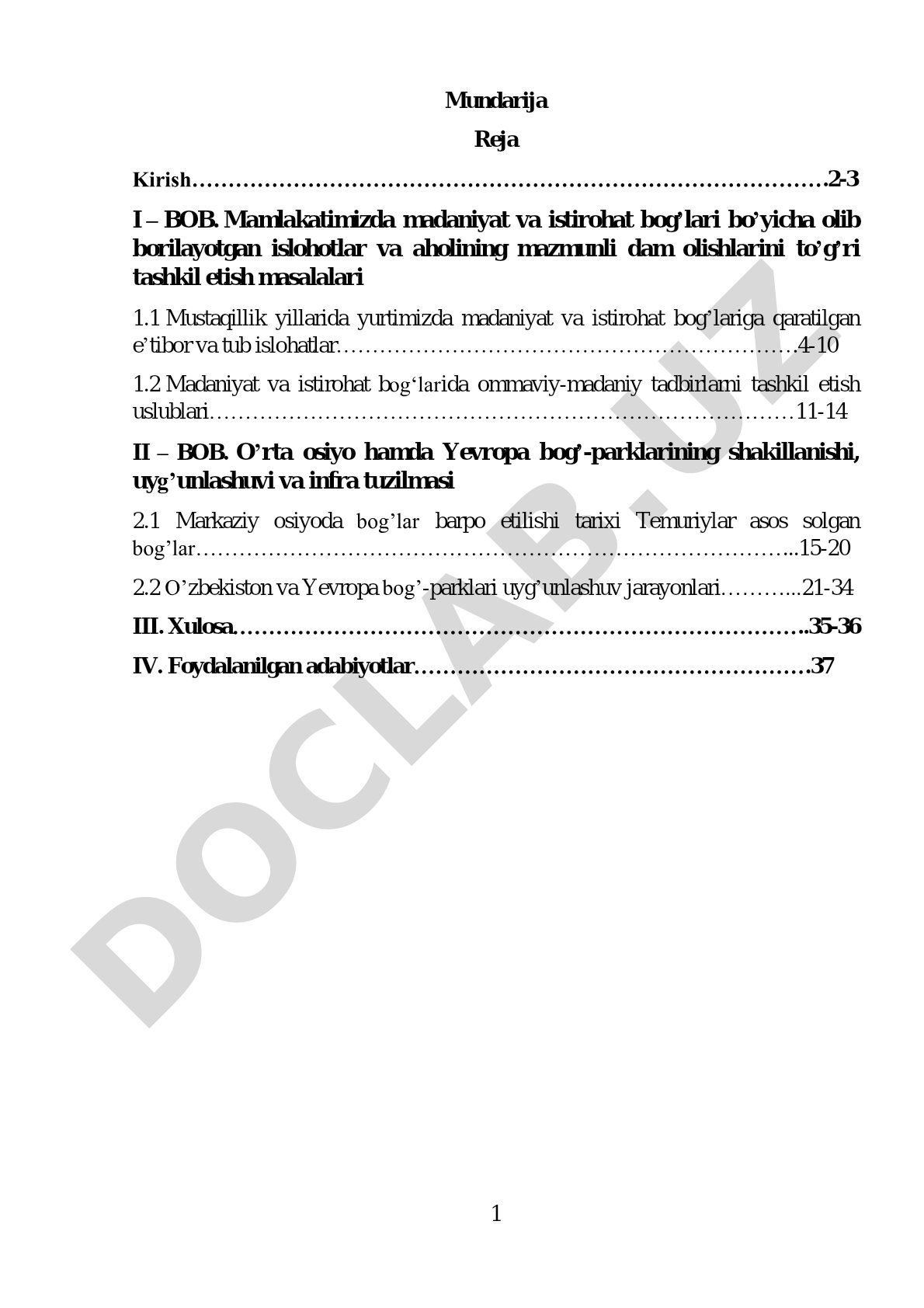 Mamlakatimizda madaniyat va istirohat bog'larining rivojlanishi va aholining dam olishini tashkil etish