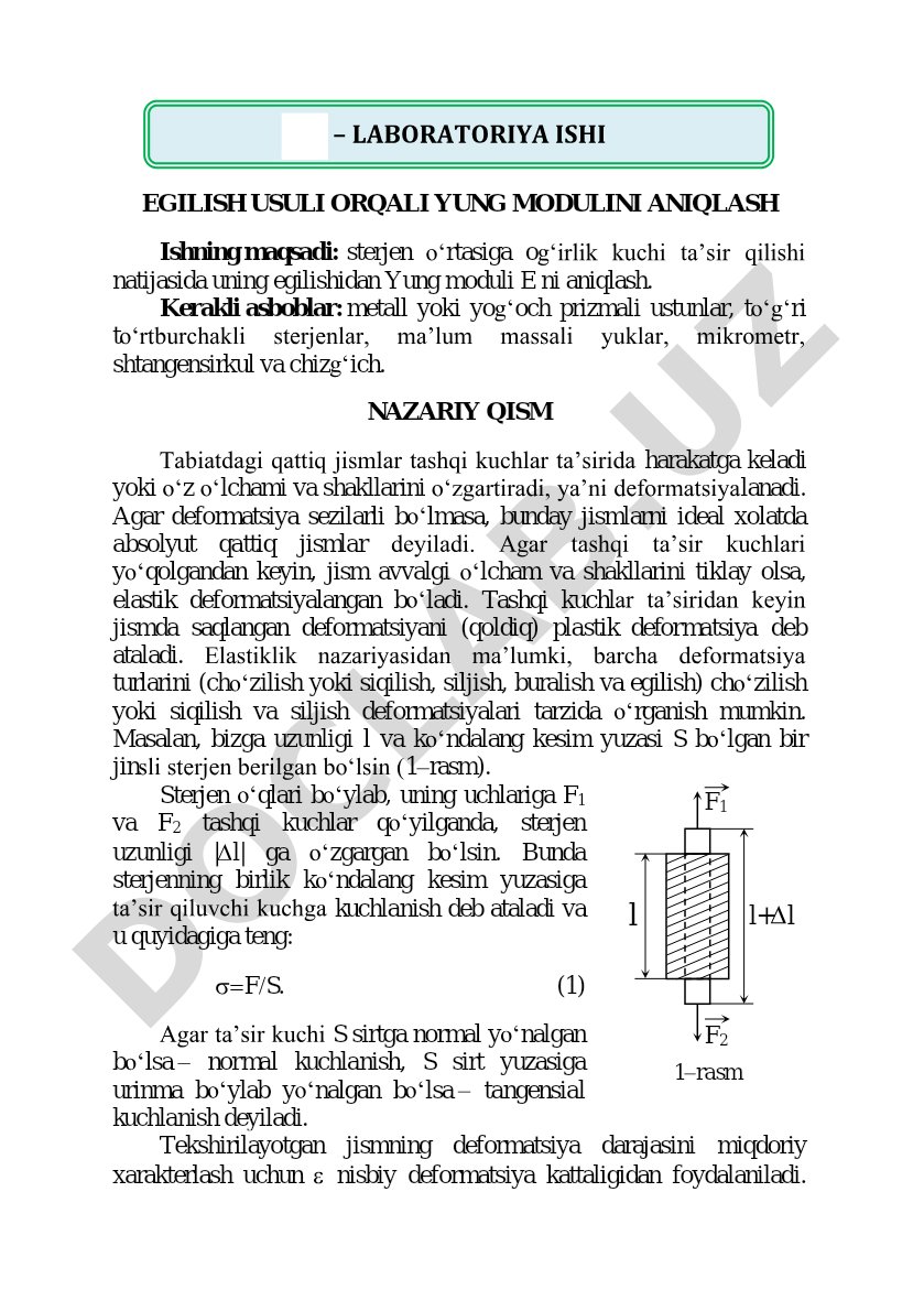Yung moduli aniqlash laboratoriya ishi
