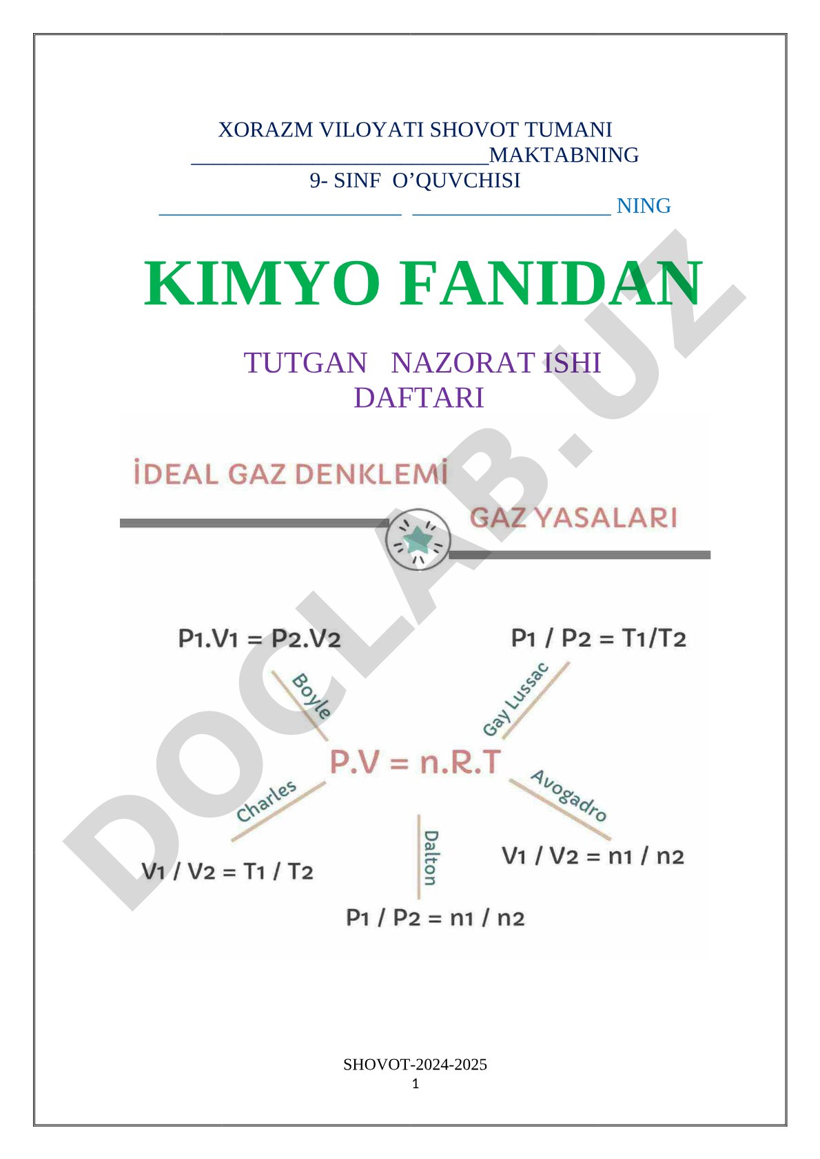 Kimyo fanidan nazorat ishi