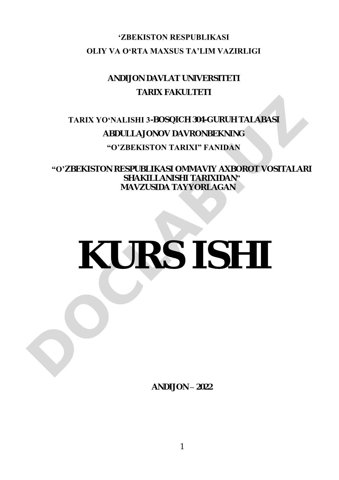 O‘zbekiston Respublikasi ommaviy axborot vositalari shakillanishi tarixidan