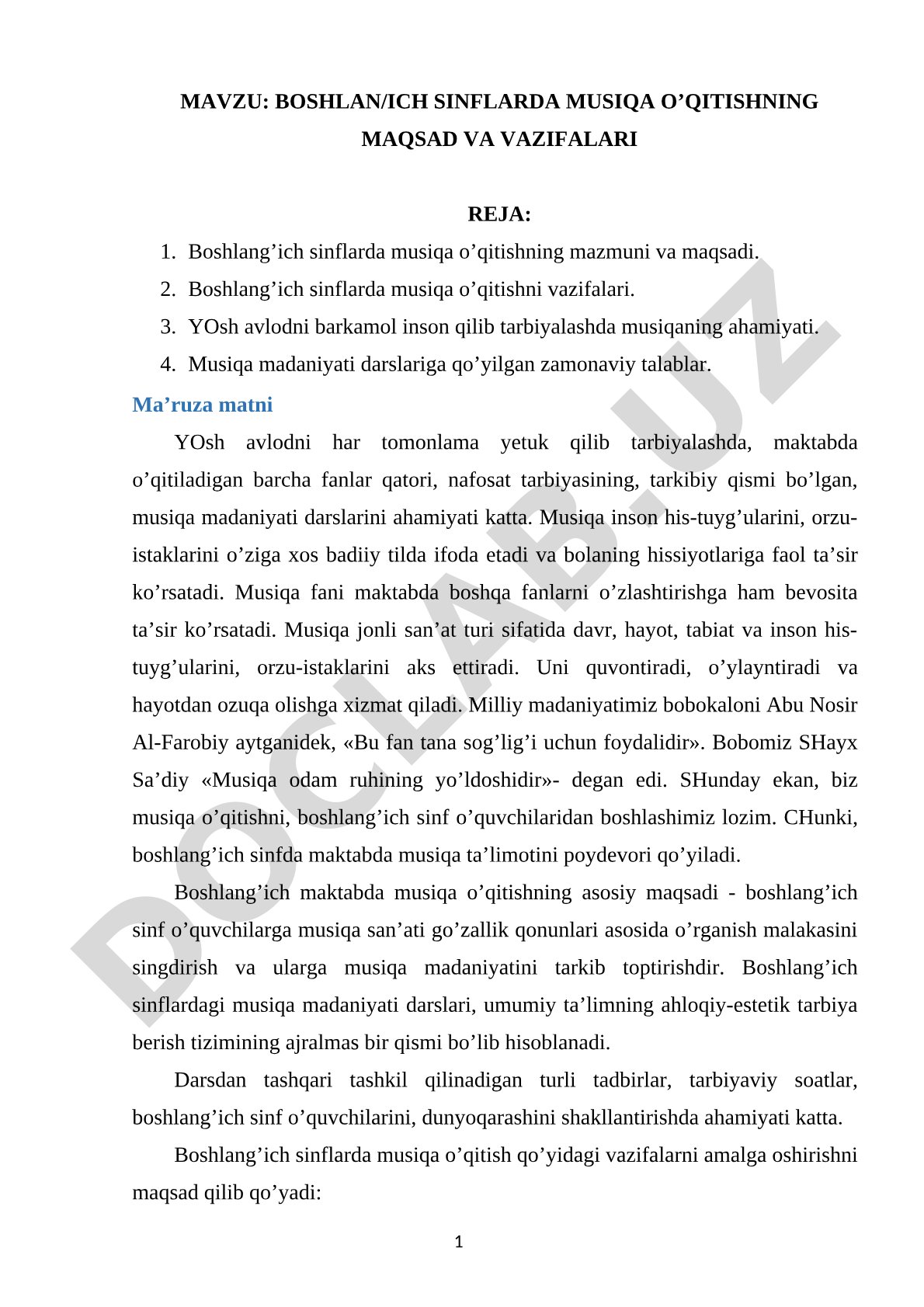 Boshlang'ich sinflarda musiqa o'qitishning maqsad va vazifalari