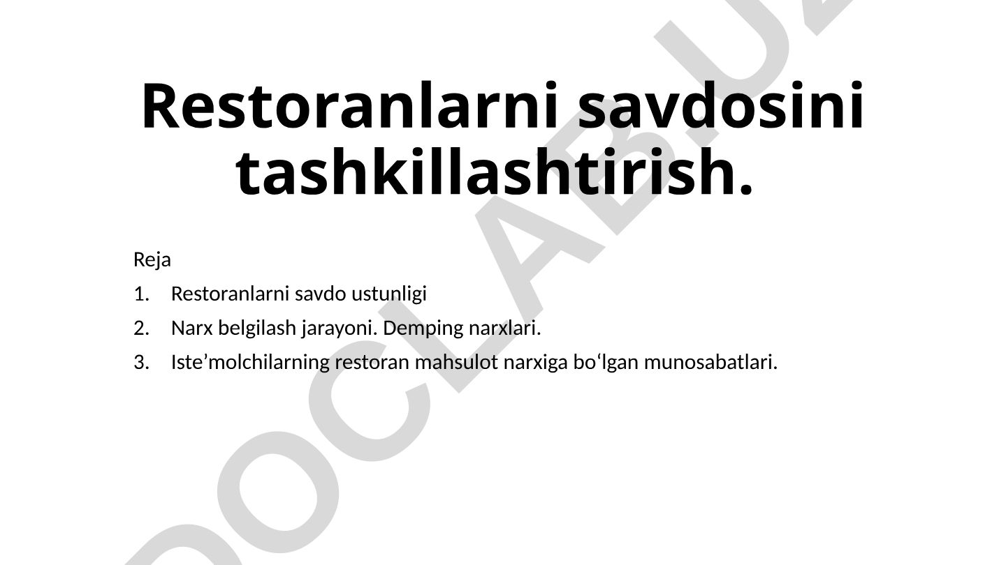 Restoranlarni savdosini tashkillashtirish va narx belgilash jarayoni