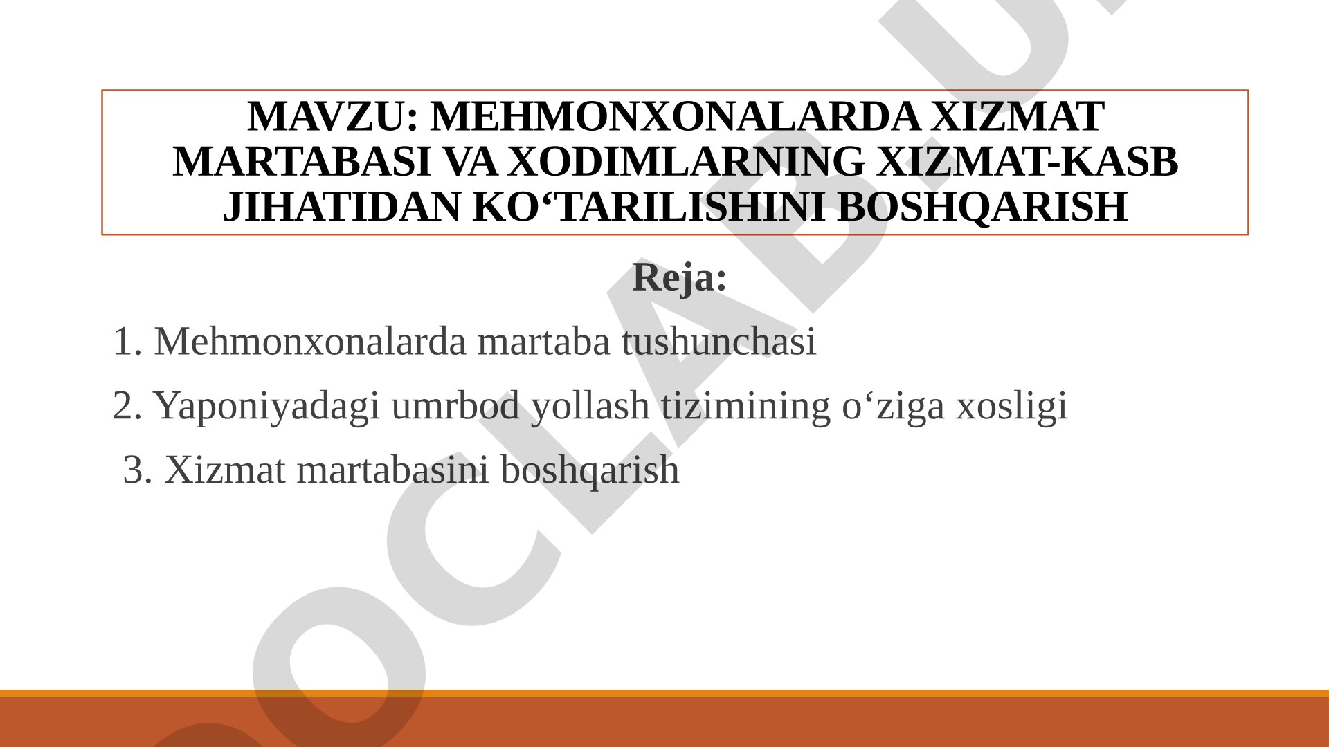 Mehmonxonalarda xizmat martabasi boshqarish taqdimoti