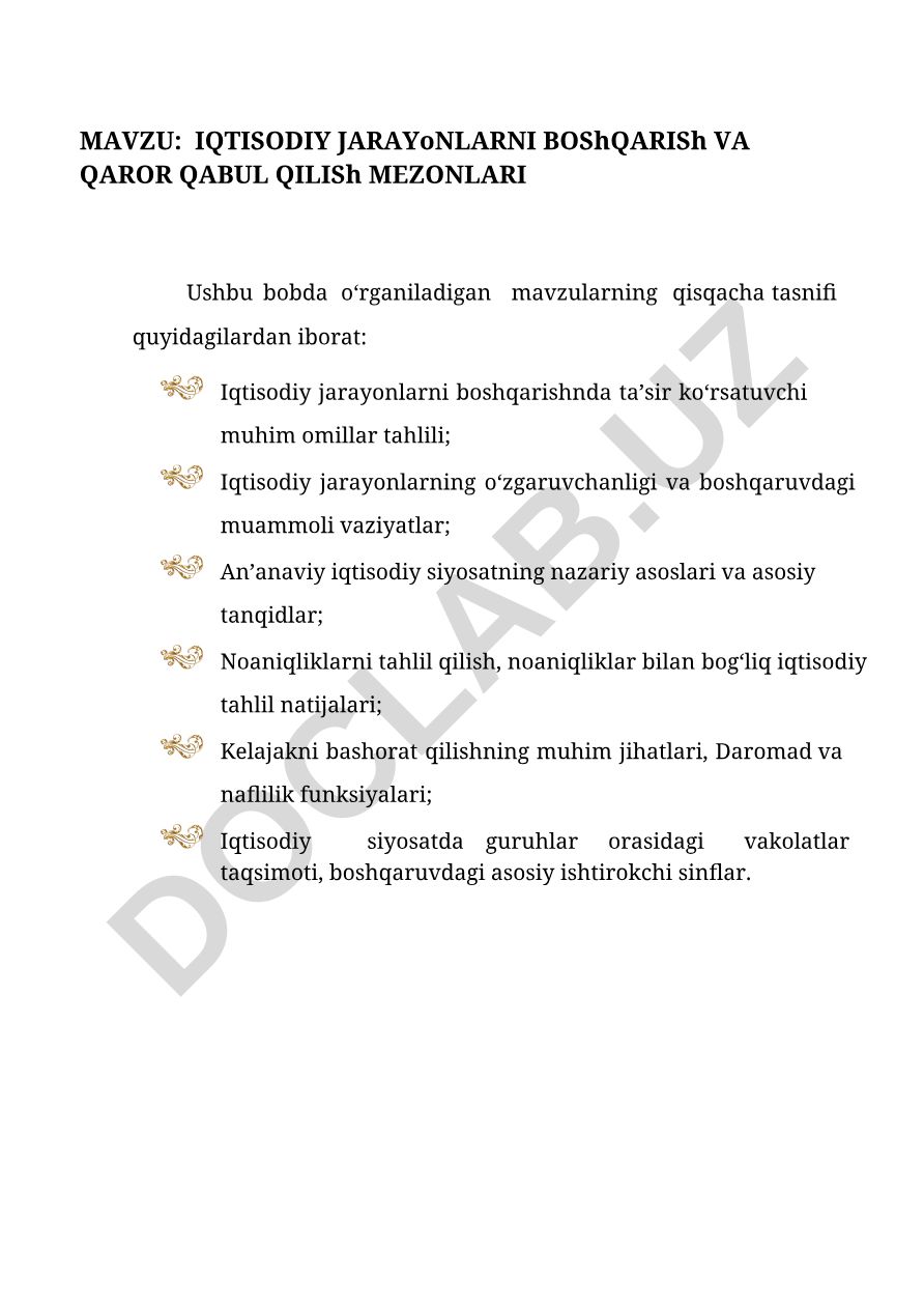 Iqtisodiy jarayonlarni boshqarish va qaror qabul qilish mezonlari