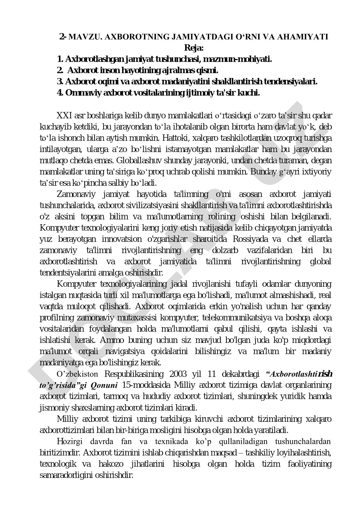 Axborotning jamiyatdagi o'rni va ahamiyati