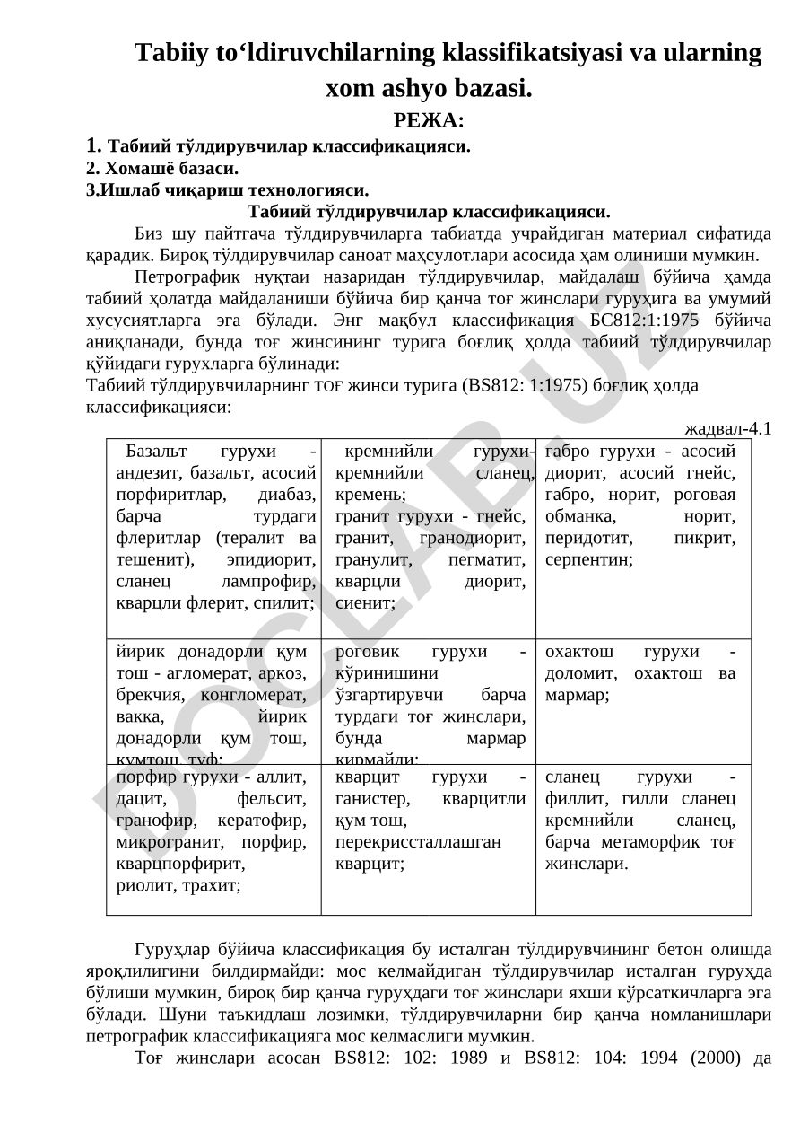 Tabiiy to'ldiruvchilarning klassifikatsiyasi va ularning xom ashyo bazasi