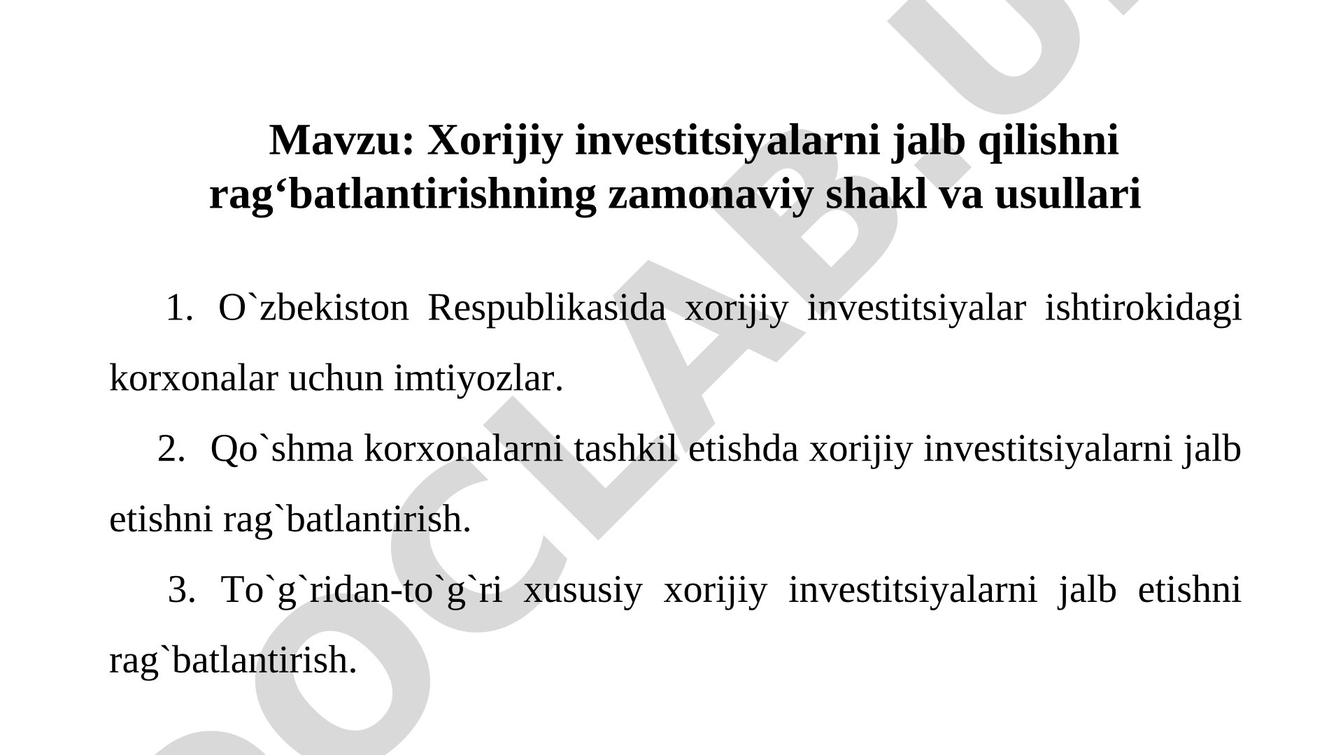 Xorijiy investitsiyalar taqdimoti
