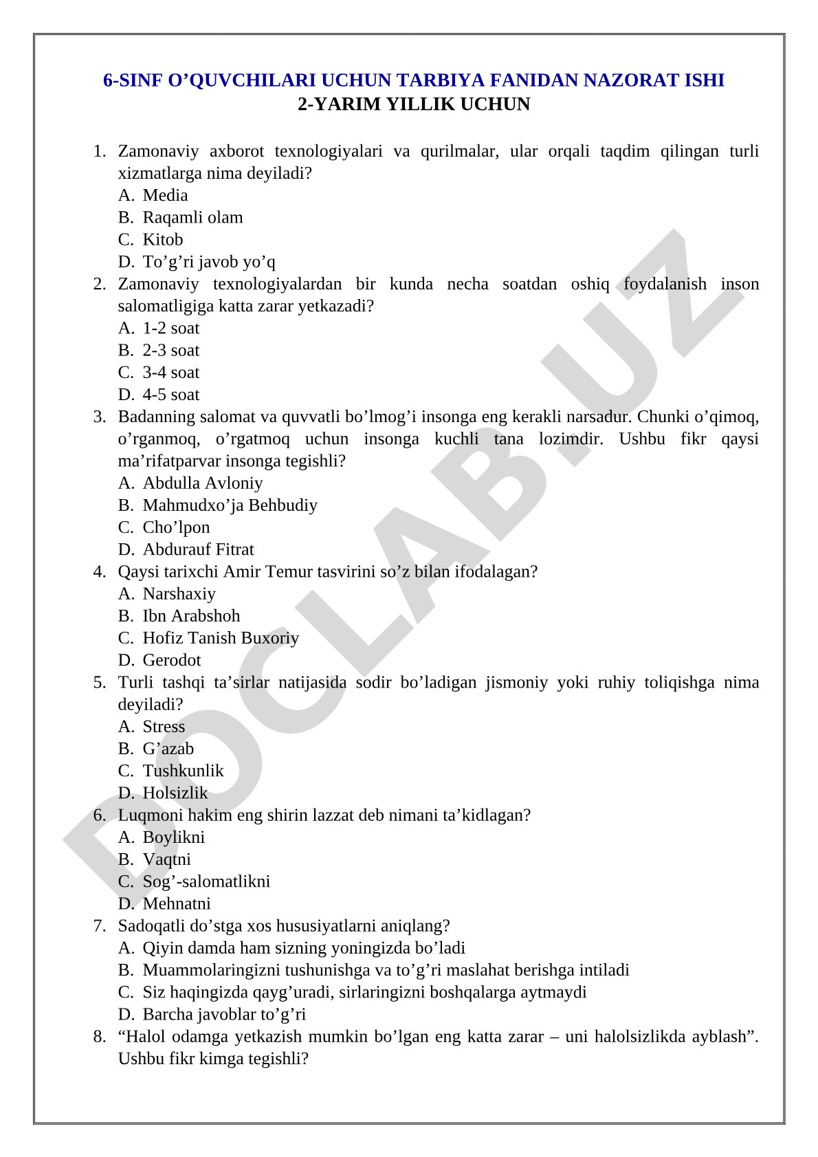 6-sinf o'quvchilari uchun tarbiya fanidan nazorat ishi 2-yarim yillik uchun