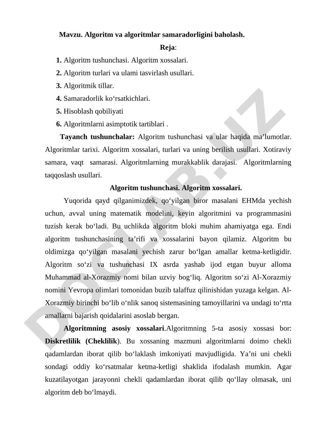 Algoritm va algoritmlar samaradorligini baholash