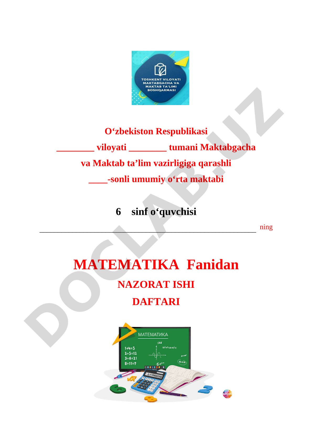 Matematika fanidan nazorat ishi daftari