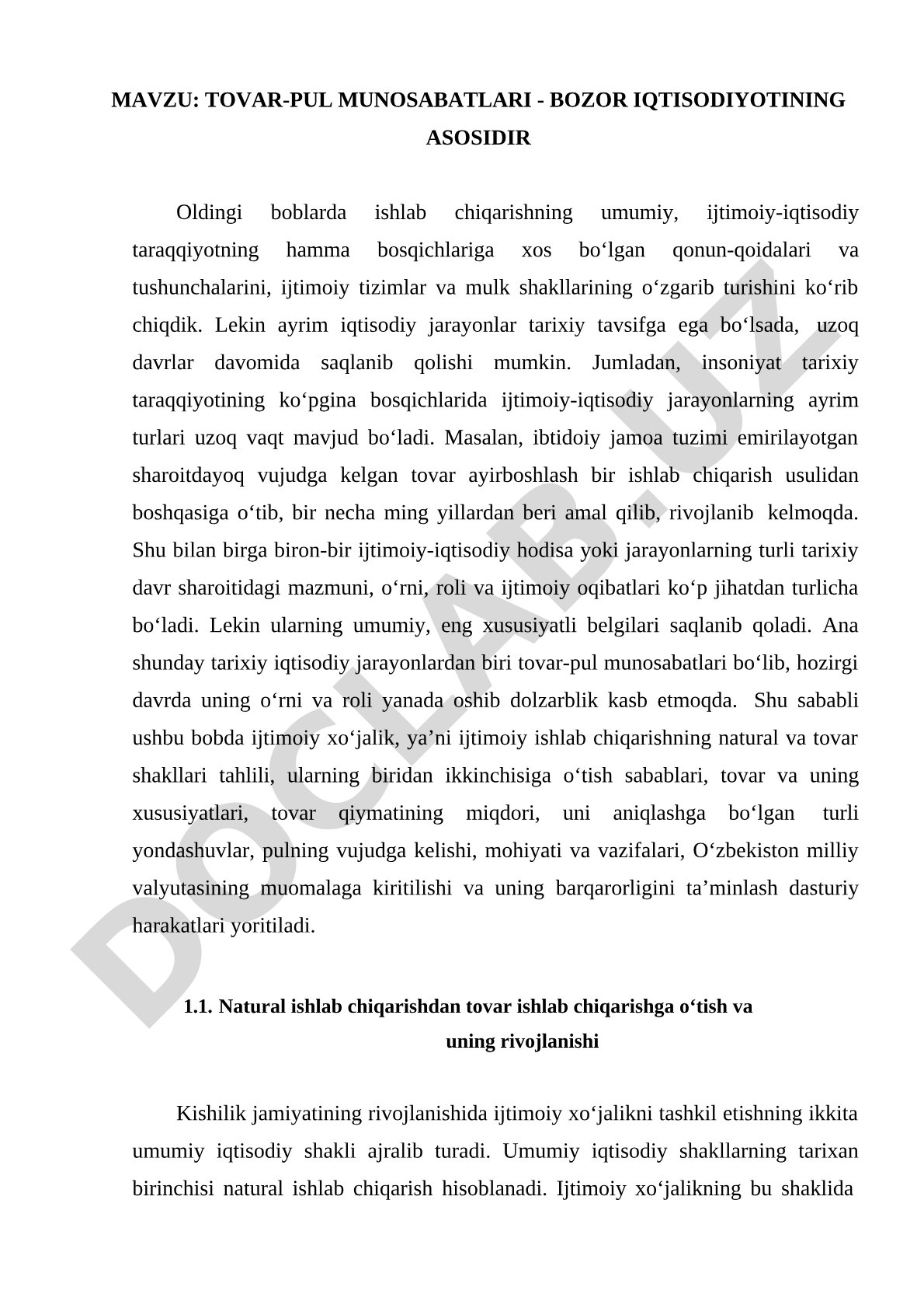 Tovar-pul munosabatlari - bozor iqtisodiyotining asosidir