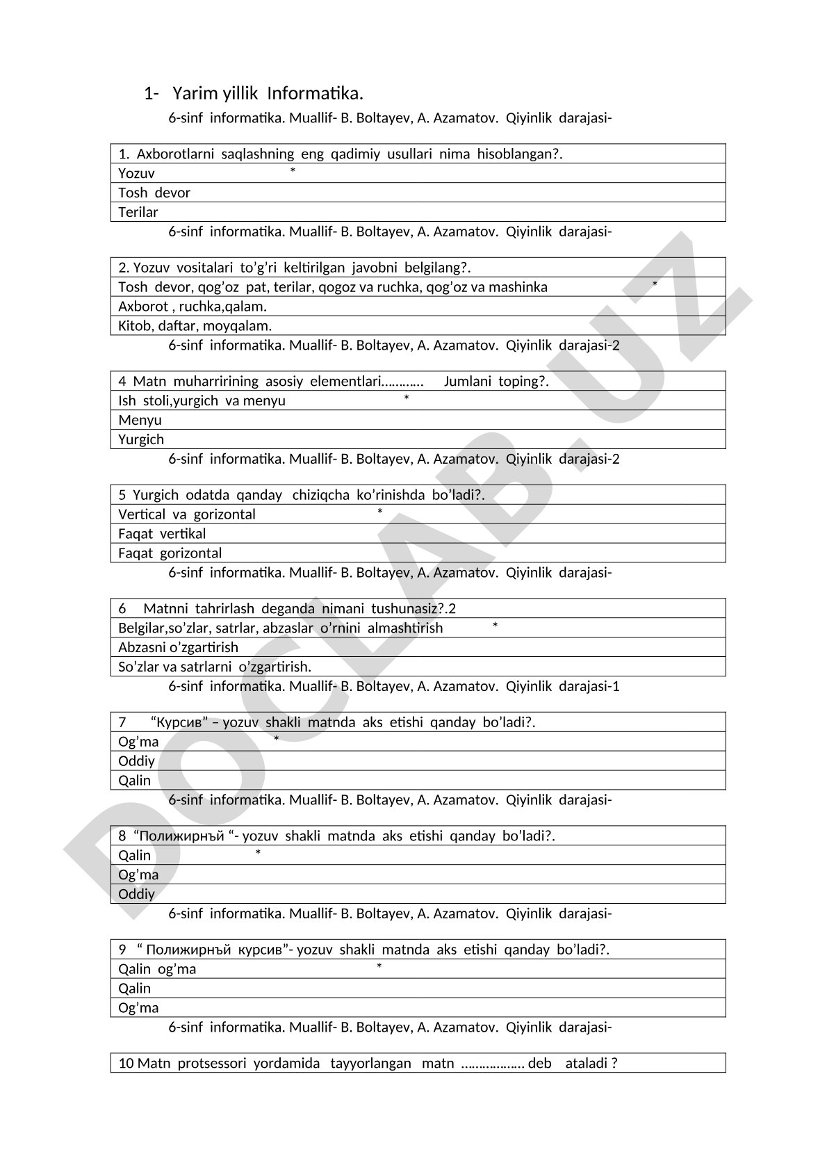 6-sinf informatika test savollari